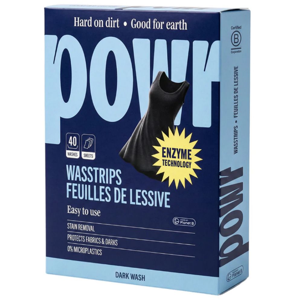 POWR wasstrips voor donker wasgoed, 40 vellen, met enzymtechnologie.