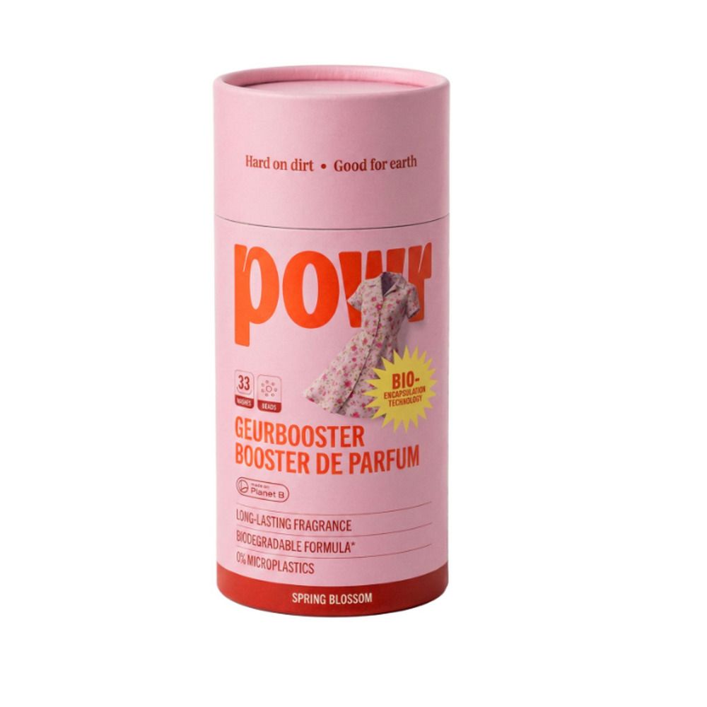 Een roze cilinder met 'popyy', 'GEURBOOSTER BOOSTER DE PARFUM' en 'SPRING BLOSSOM'. Bevat 33 wasbeurten.
