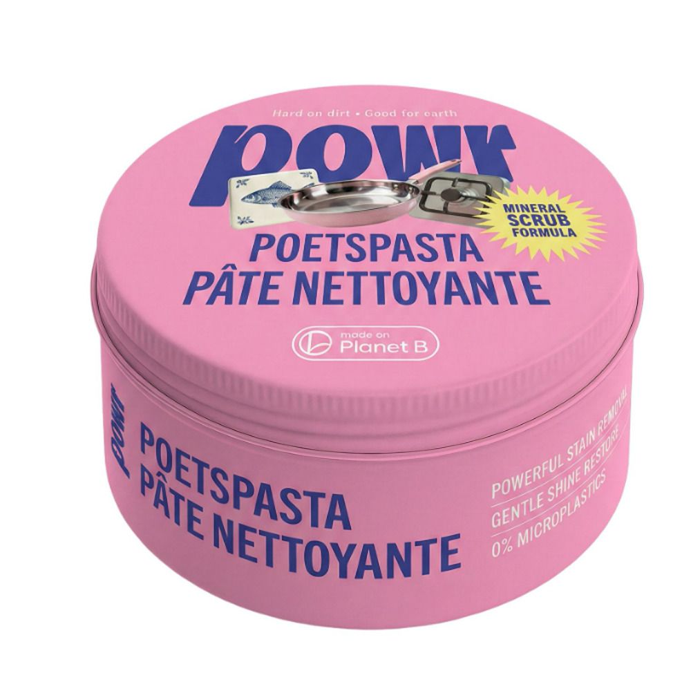 POWR poets pasta in roze blik. "Hard on dirt. Good for earth." "Poetspasta Pâte Nettoyante".