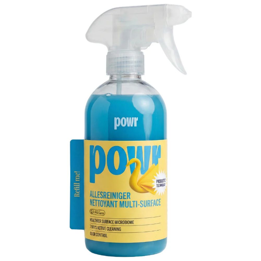 POWR Multi-Surface reiniger, voorkant met geel etiket en navulindicatie.