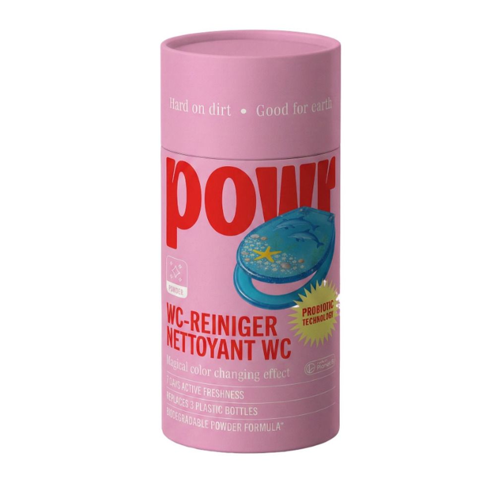 Roze bus met "power" logo. WC-reiniger met magisch kleurveranderingseffect, actieve frisheid, zonder plastic flessen, biologisch afbreekbare poederformule.