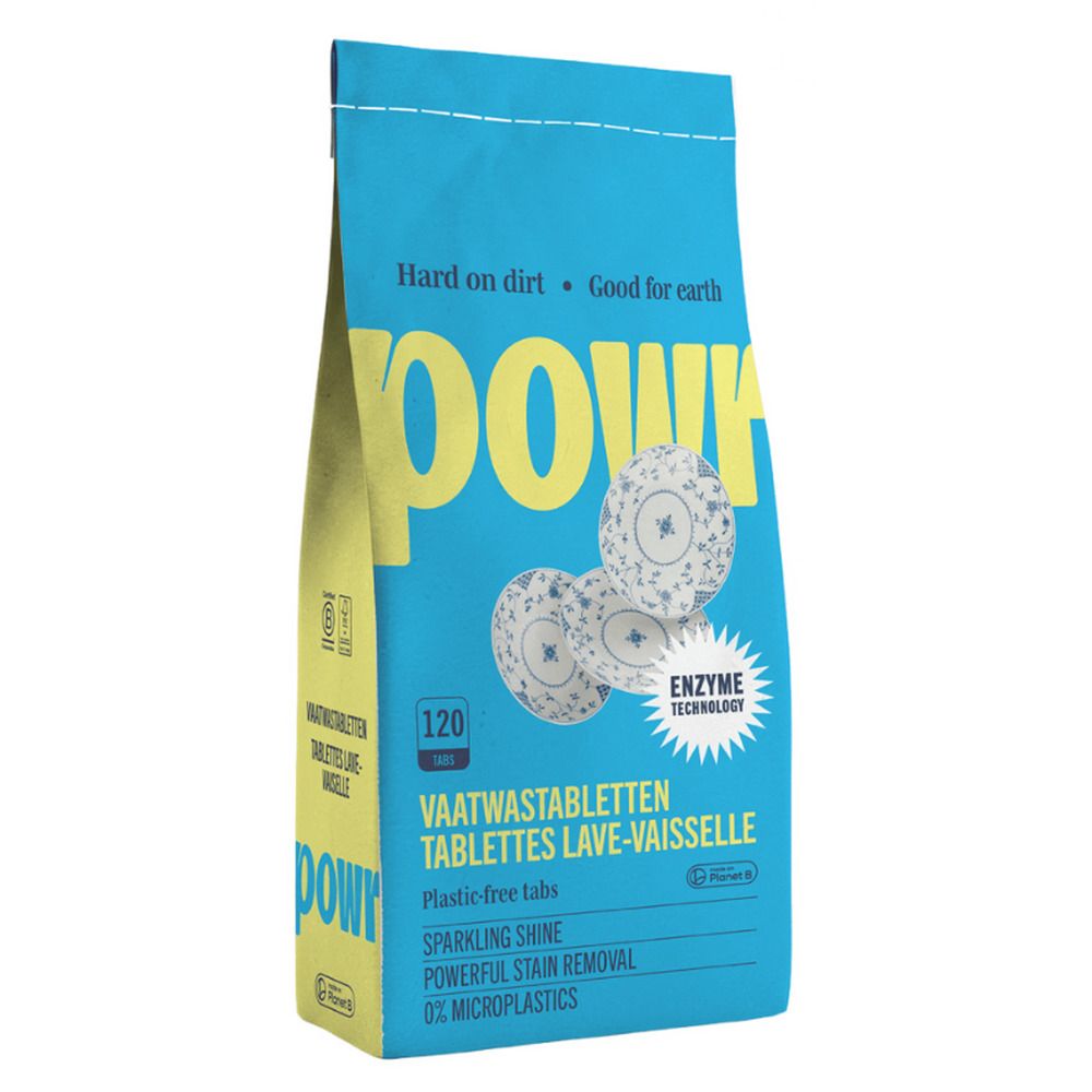 POWR vaatwastabletten, 120 stuks, "Plastic-free tabs", "0% Microplastics".