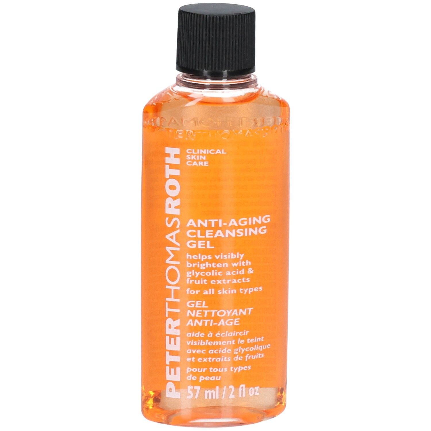 Peter Thomas Roth Anti-Aging Cleansing Gel, 57 ml. Oranje gel in een doorzichtige fles met zwarte dop.