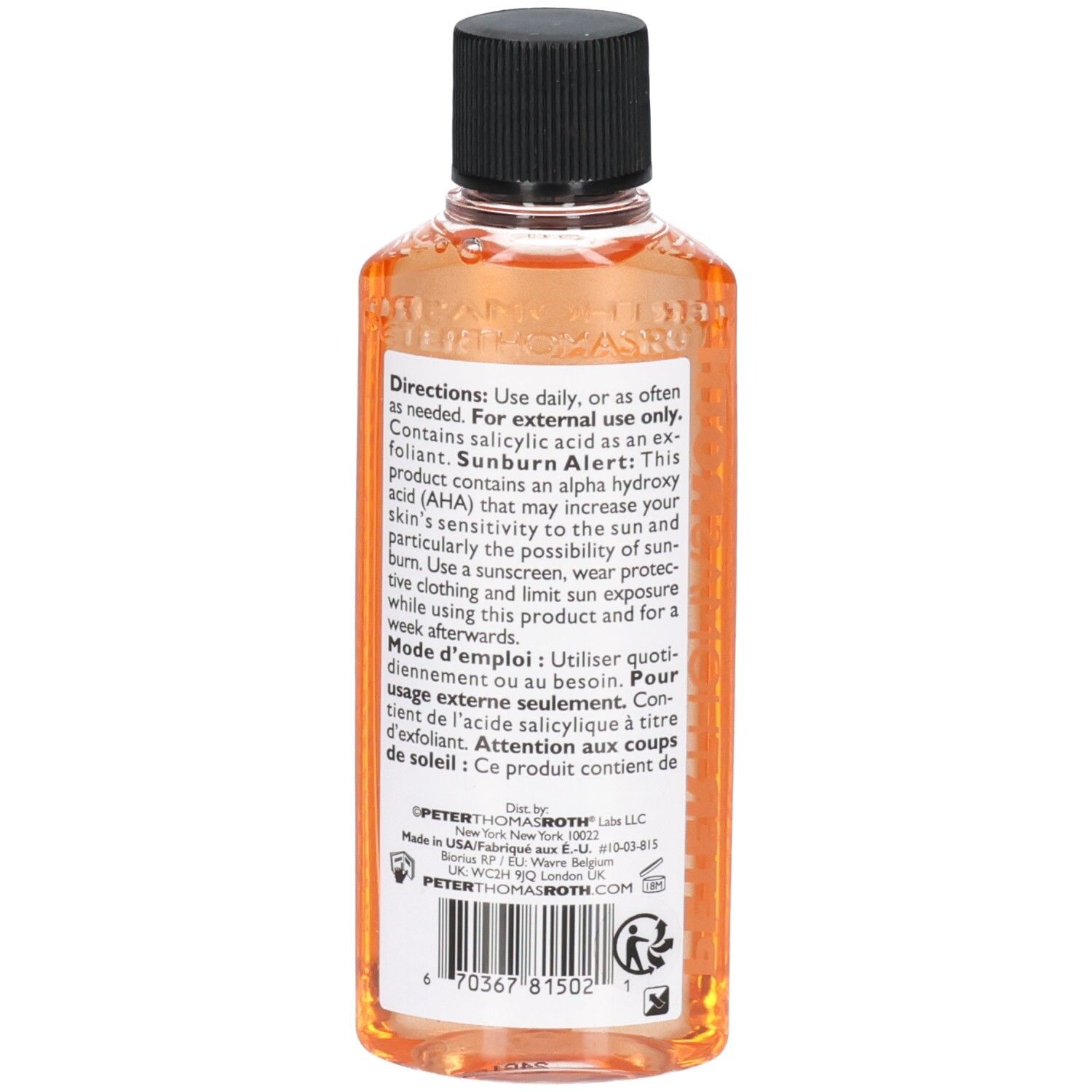 Peter Thomas Roth Anti-Aging Cleansing Gel, 57 ml. Achterkant van de fles met gebruiksinstructies.