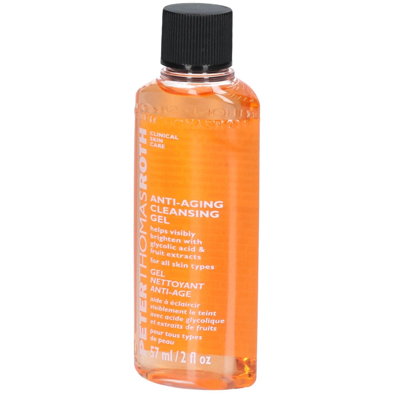 Peter Thomas Roth Anti-Aging Cleansing Gel, 57 ml. Oranje gel in een doorzichtige fles met zwarte dop.