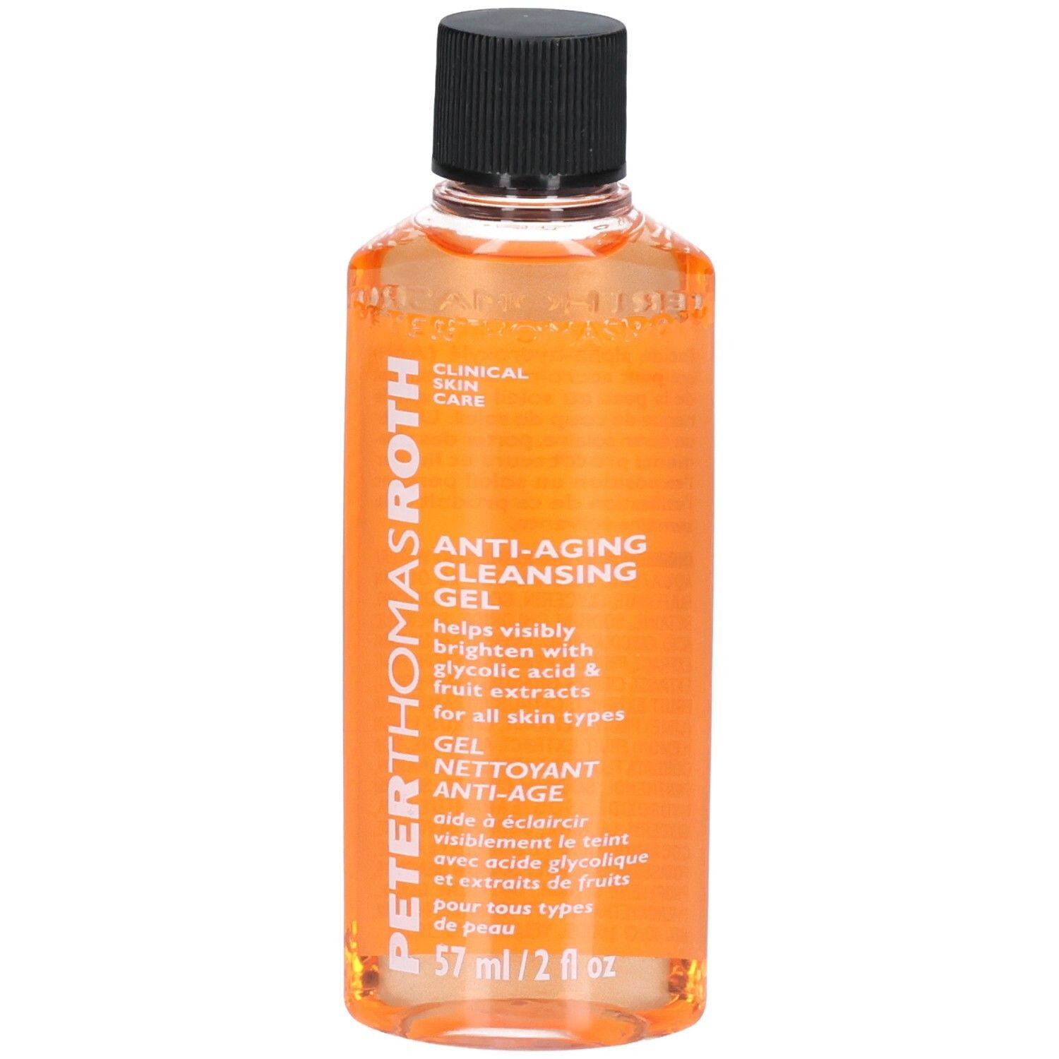 Peter Thomas Roth Anti-Aging Cleansing Gel, 57 ml. Oranje gel in een doorzichtige fles met zwarte dop.