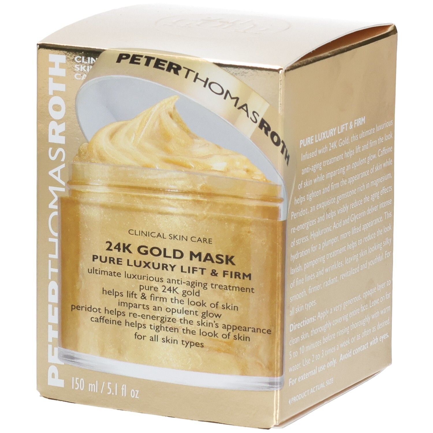 Peter Thomas Roth 24K Gold Mask: Gouden gezichtsmasker in een pot, verpakt in een gouden doos.