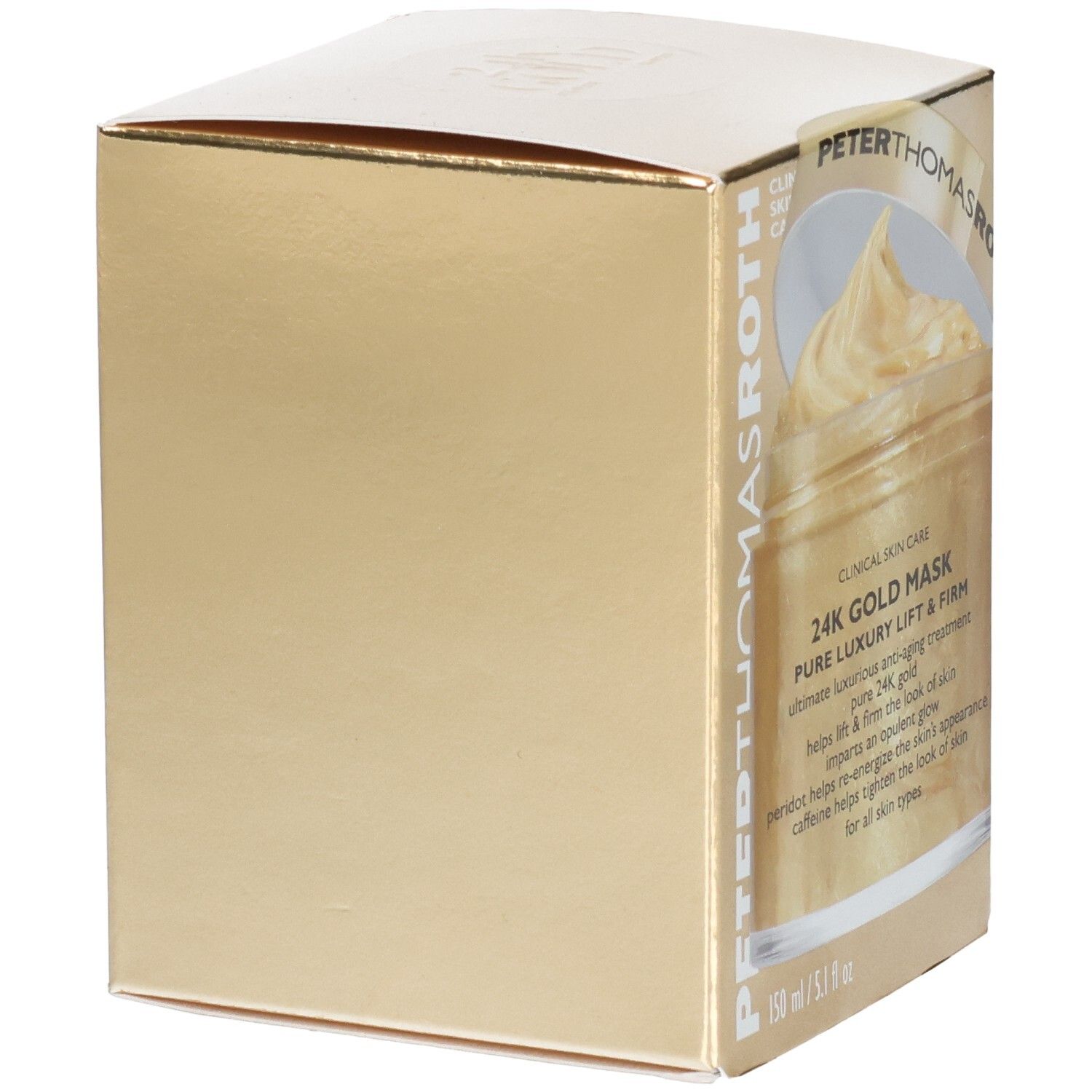 Gouden verpakking van Peter Thomas Roth 24K Gold Mask, zijaanzicht.