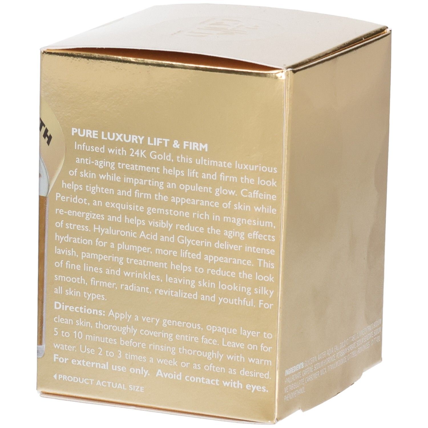 Peter Thomas Roth 24K Gold Mask: Gouden doos met productbeschrijving en gebruiksinstructies.