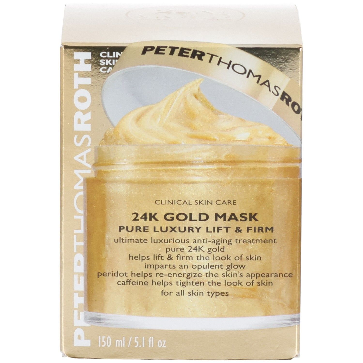 Peter Thomas Roth 24K Gold Mask: Gouden gezichtsmasker in een pot, verpakt in een gouden doos.