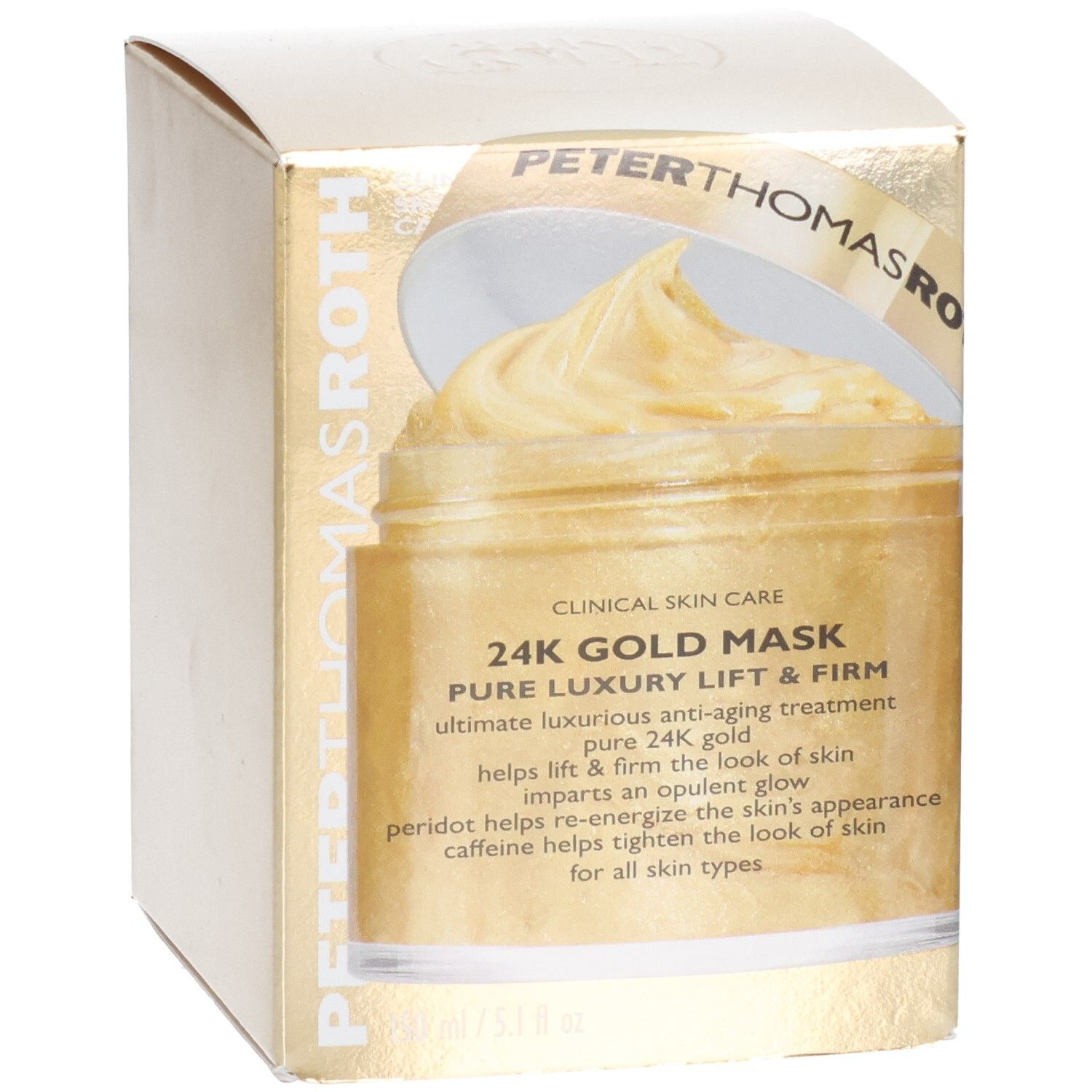 Peter Thomas Roth 24K Gold Mask: Gouden gezichtsmasker in een pot, verpakt in een gouden doos.