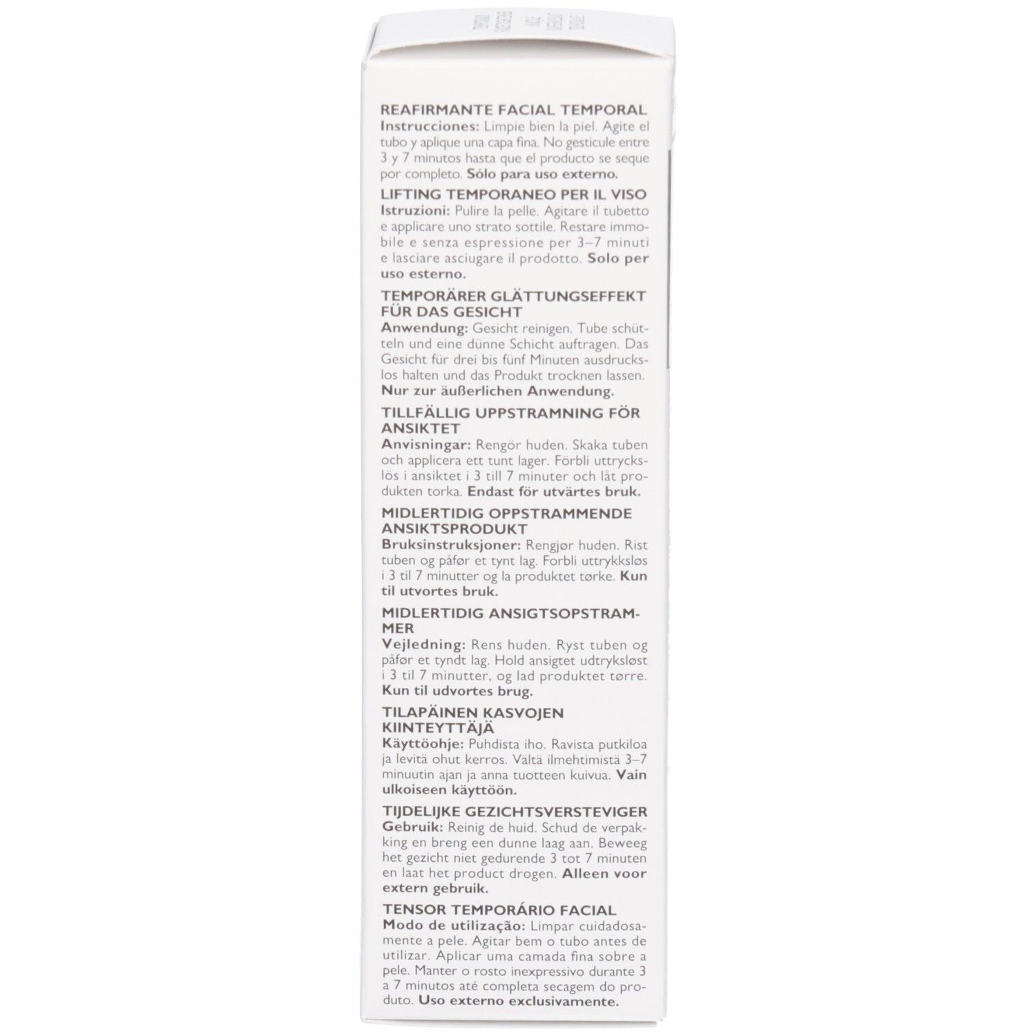 Vue latérale de l'emballage du produit avec instructions en plusieurs langues.