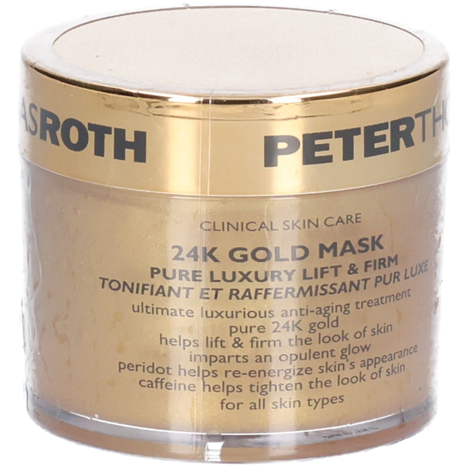 Peter Thomas Roth 24K Gold Mask, gouden pot met tekst.