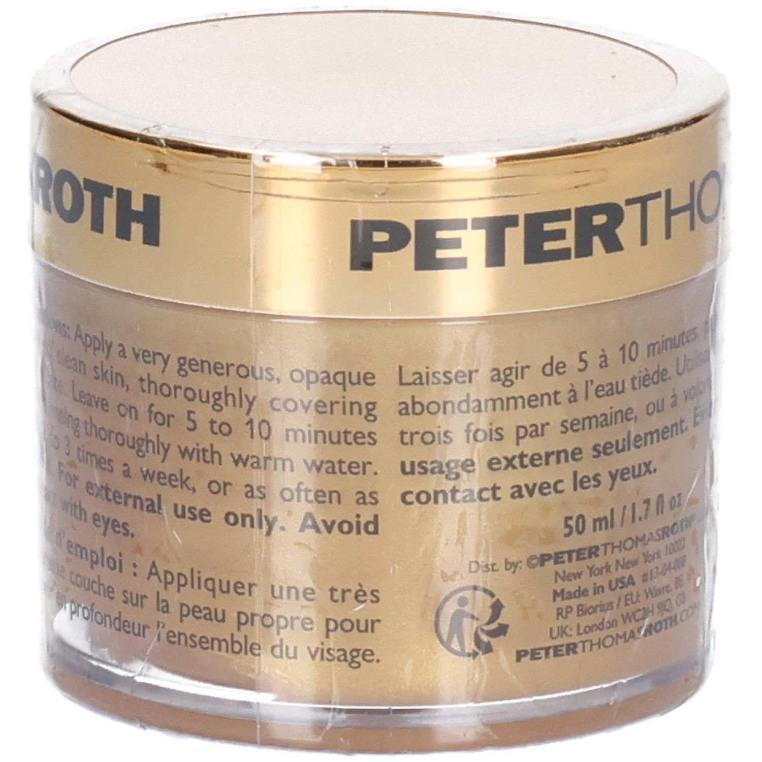 Peter Thomas Roth 24K Gold Mask, zijaanzicht met meertalige instructies.