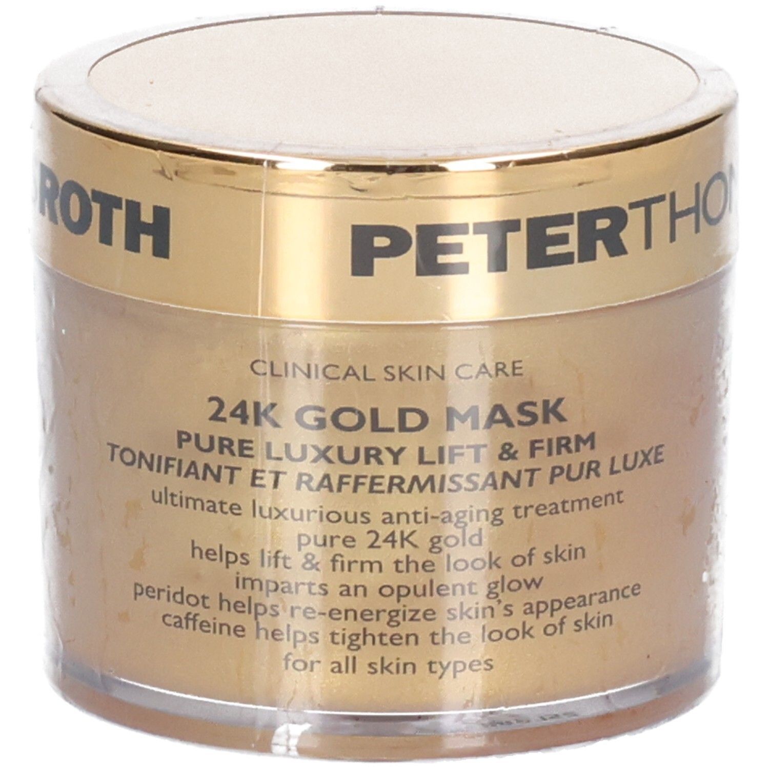 Peter Thomas Roth 24K Gold Mask, gouden pot met tekst.