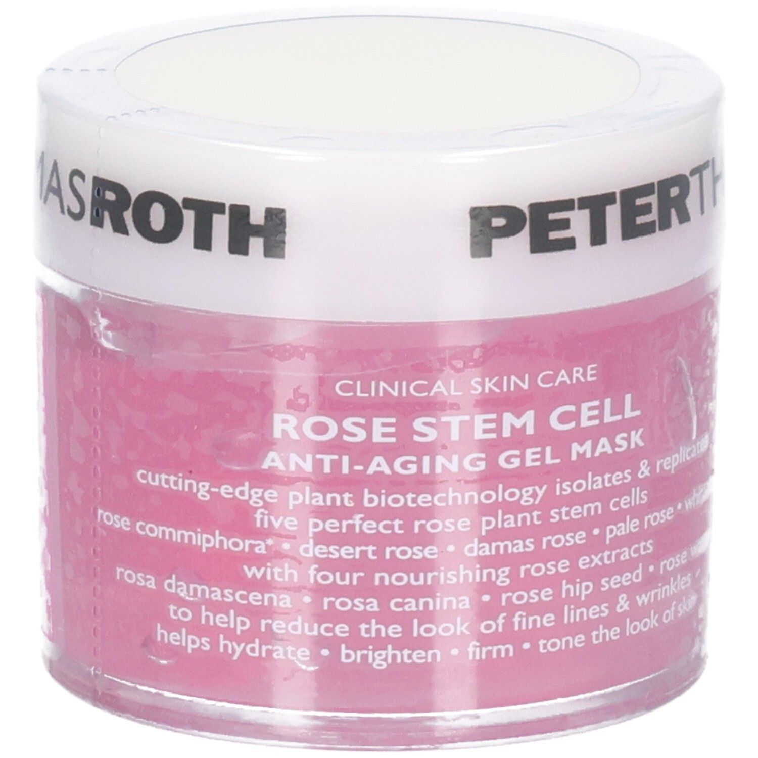 Peter Thomas Roth Rose Stem Cell Anti-Aging Gel Mask, 50 ml. Masque gel rose dans un pot transparent avec couvercle blanc.
