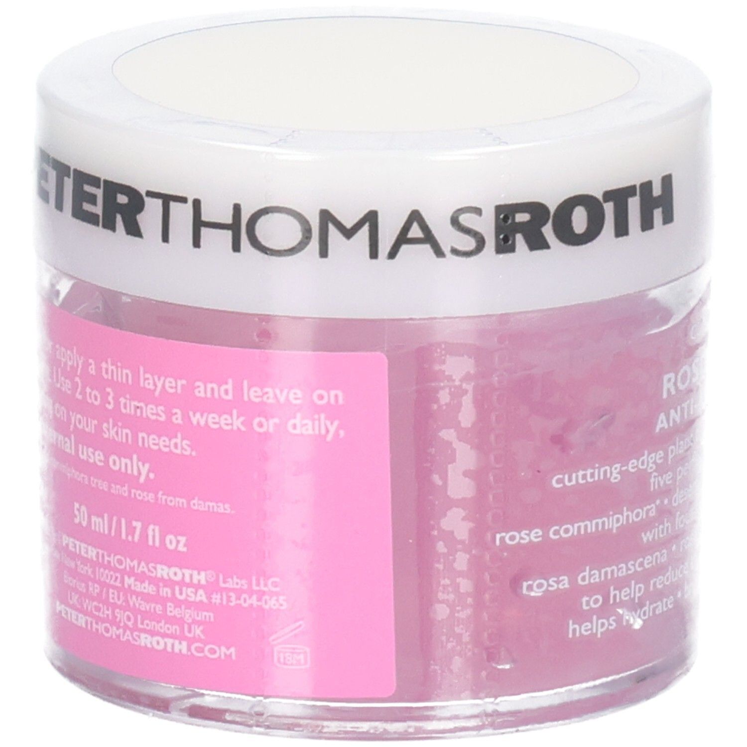 Peter Thomas Roth Rose Stem Cell Anti-Aging Gel Mask, 50 ml. Arrière du pot avec instructions d'utilisation et informations sur le produit.