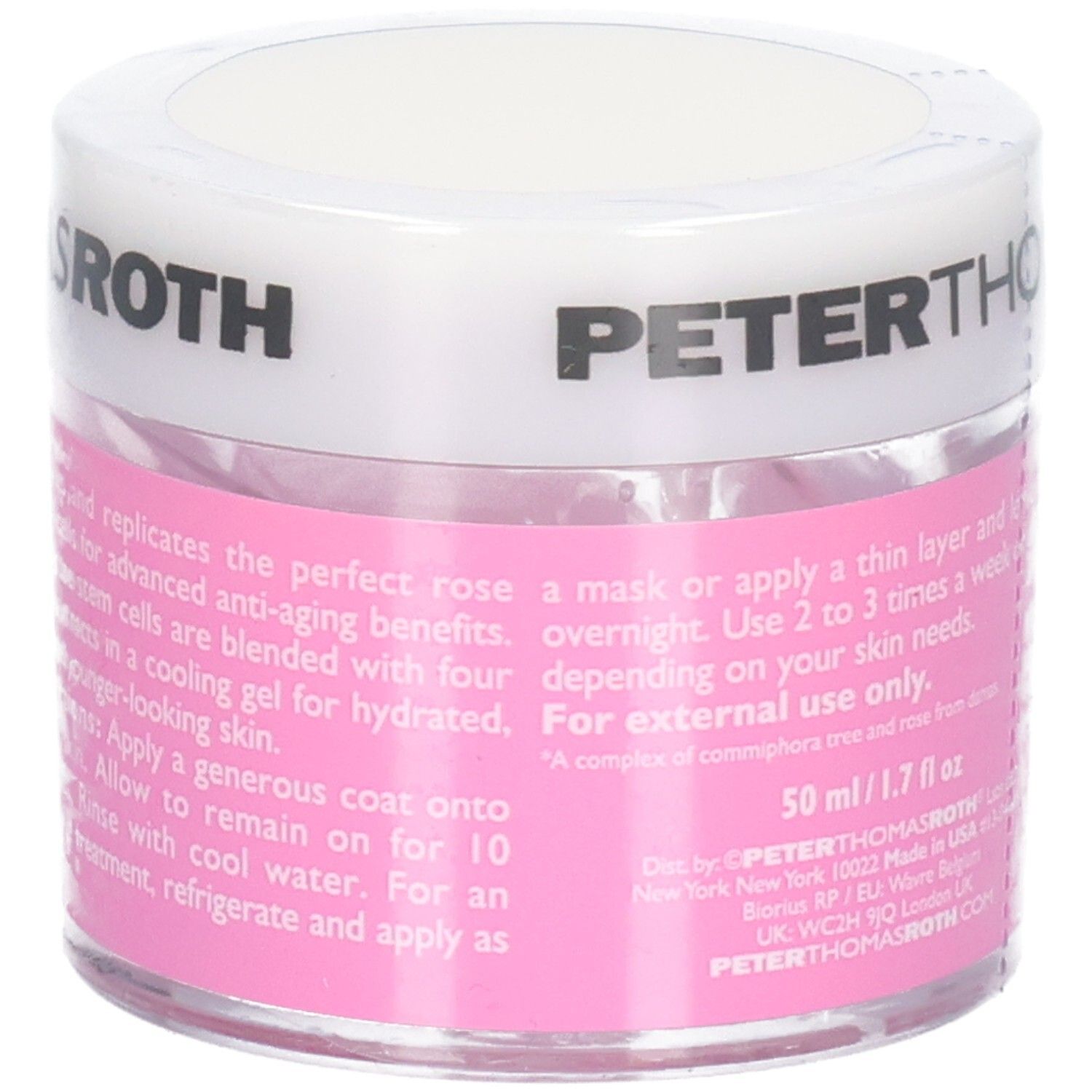 Peter Thomas Roth Rose Stem Cell Anti-Aging Gel Mask, 50 ml. Vue latérale du pot avec instructions d'utilisation.