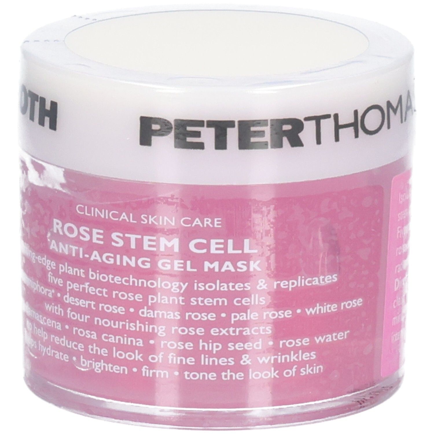 Peter Thomas Roth Rose Stem Cell Anti-Aging Gel Mask, 50 ml. Vue avant du pot avec étiquette décrivant les ingrédients et les avantages.