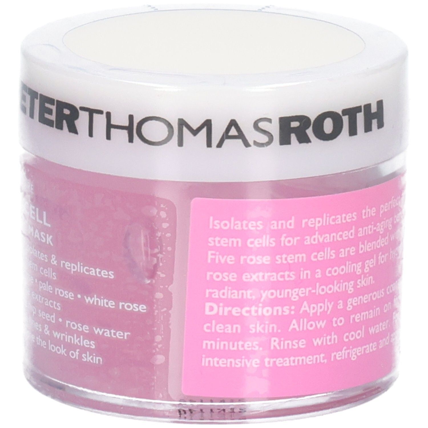 Peter Thomas Roth Rose Stem Cell Anti-Aging Gel Mask, 50 ml. Vue latérale du pot avec étiquette contenant les instructions d'utilisation.