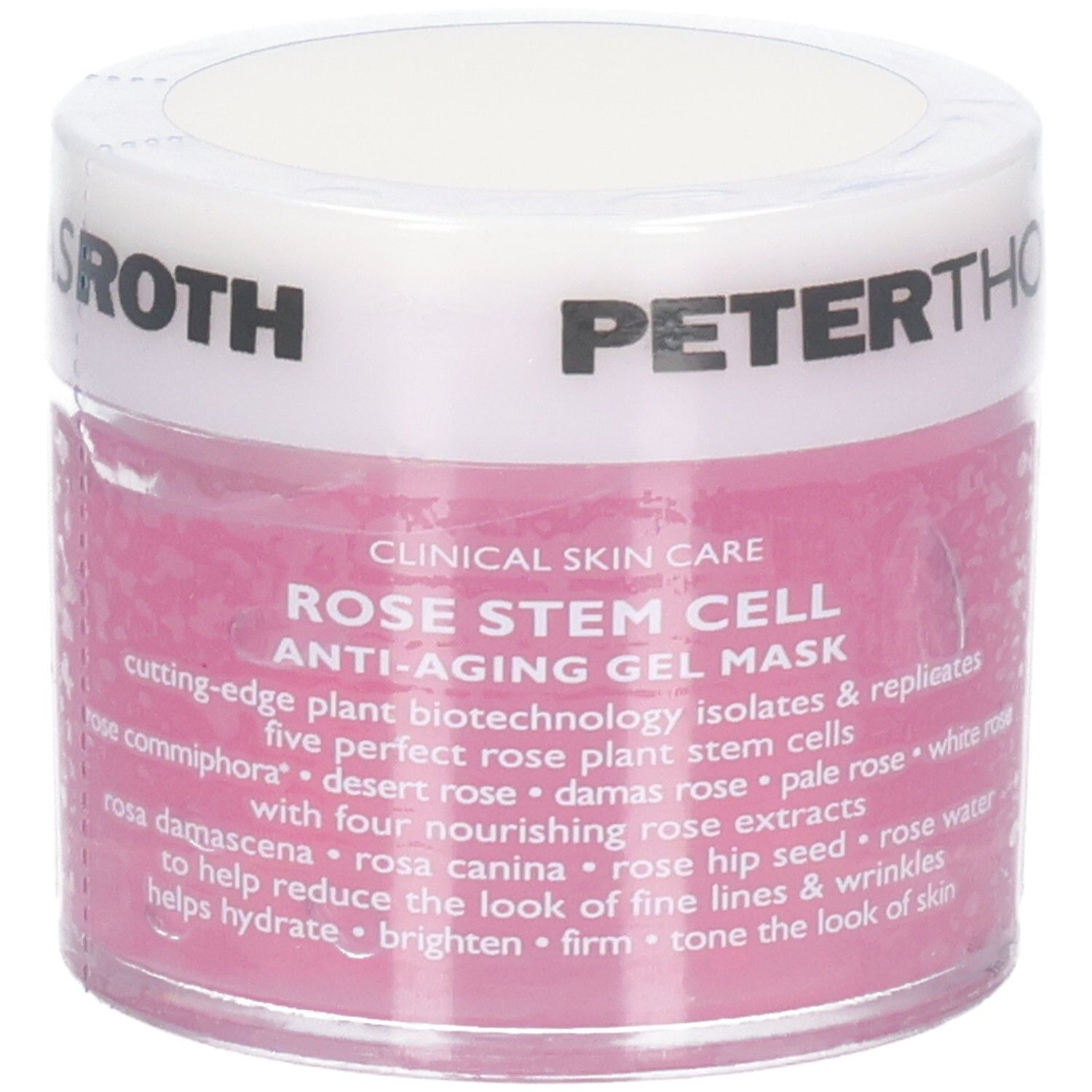 Peter Thomas Roth Rose Stem Cell Anti-Aging Gel Mask, 50 ml. Gros plan du pot avec étiquette montrant les informations sur le produit.