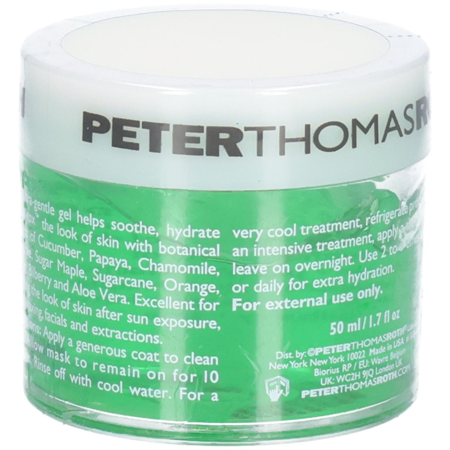 Peter Thomas Roth Cucumber Gel Mask, gel apaisant pour peau sèche, avec extraits de fruits et plantes.