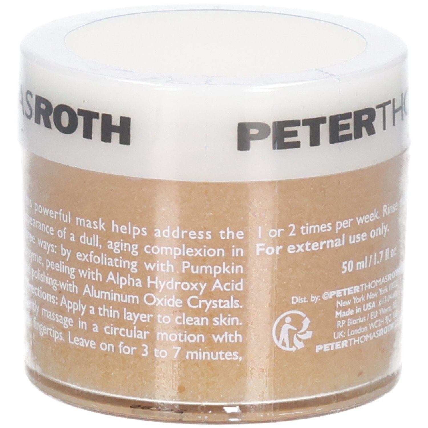 Peter Thomas Roth Pompoenmasker, 50ml. Gebruiksaanwijzing: dun aanbrengen, zachtjes inmasseren, 3-7 minuten laten inwerken.