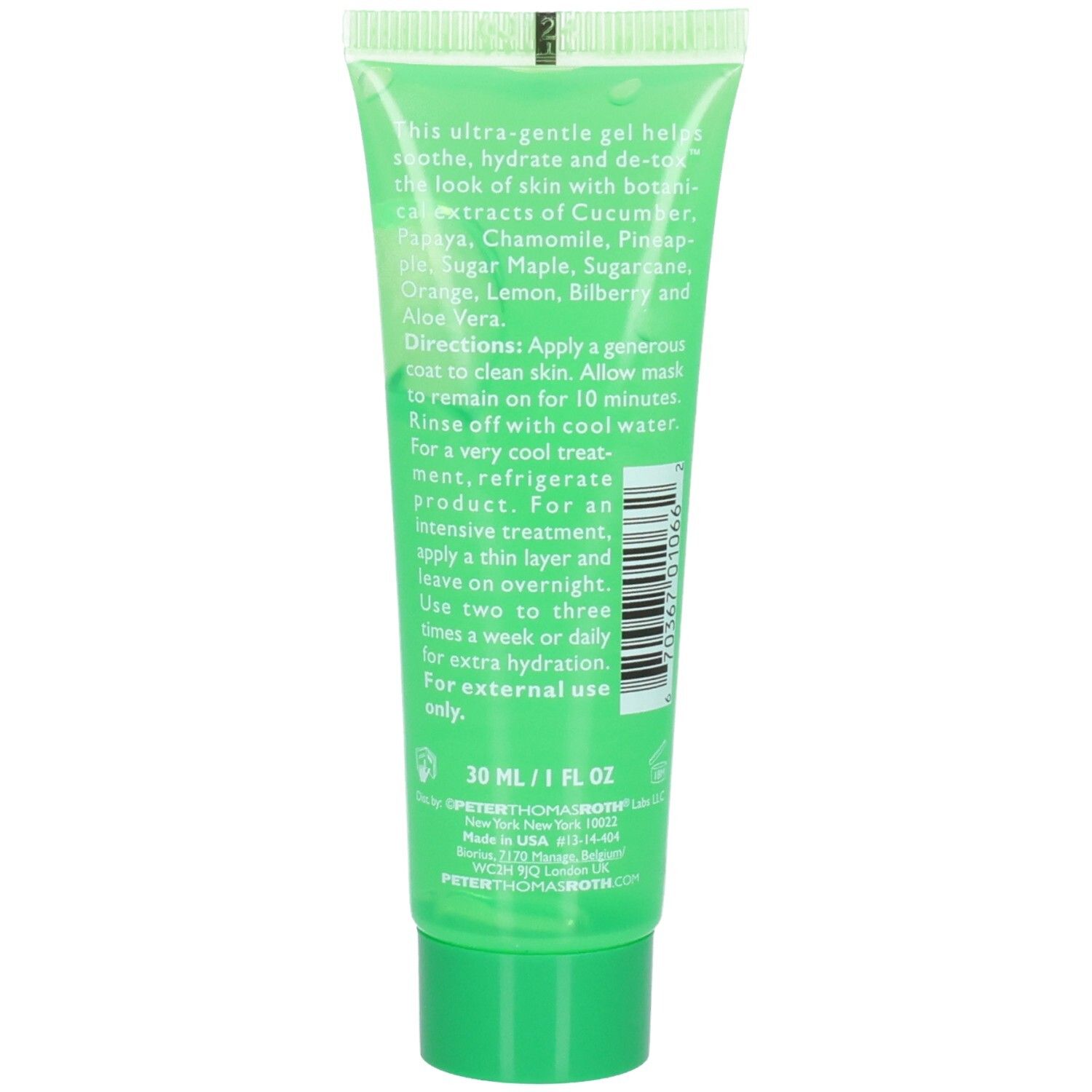 Arrière du tube Peter Thomas Roth Cucumber Gel Mask avec instructions et ingrédients. 30 ml / 1 fl oz.