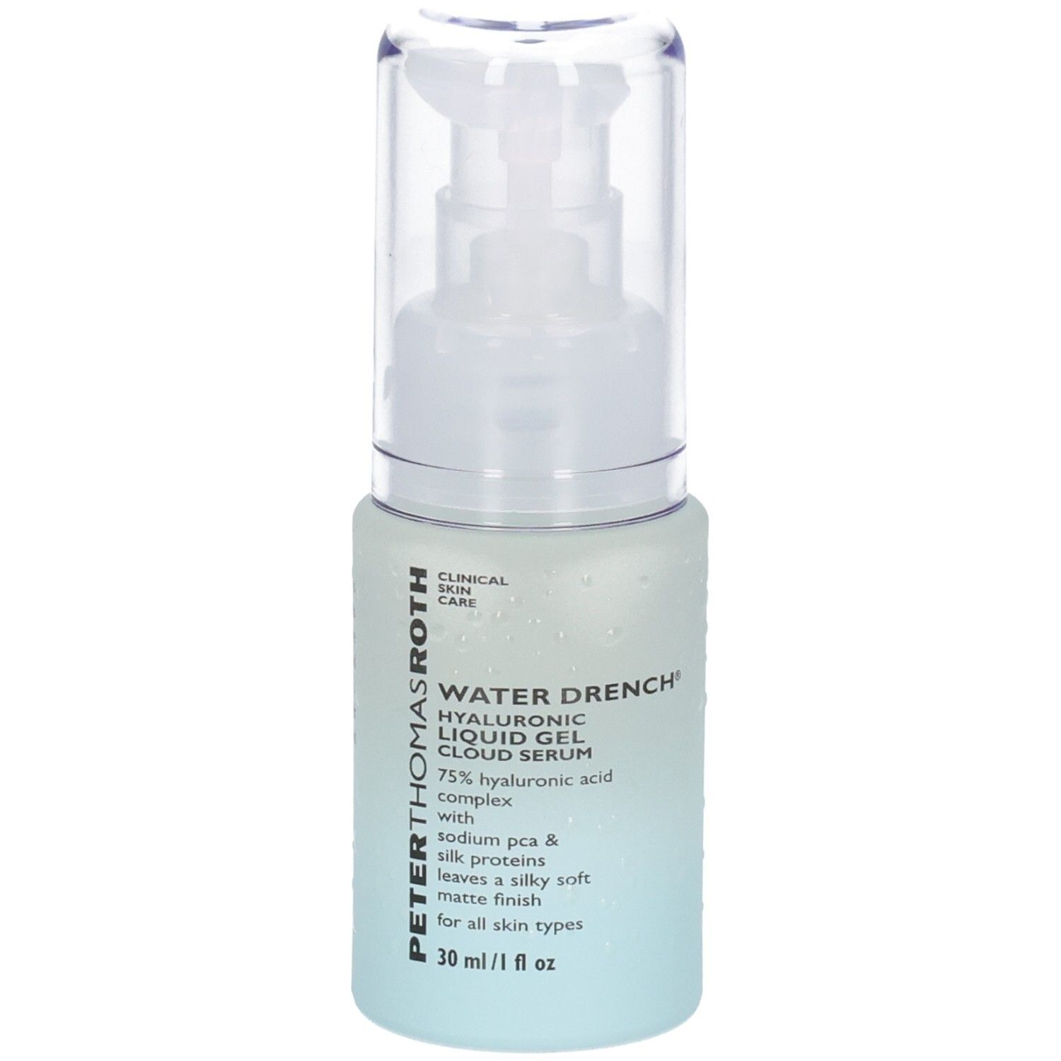 Sérum Peter Thomas Roth Water Drench dans un flacon pompe avec bouchon transparent. Flacon bleu clair avec étiquette blanche.
