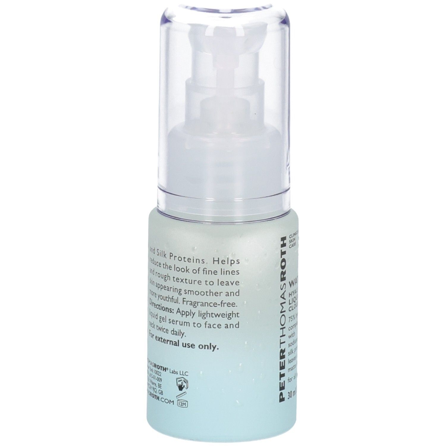 Arrière du flacon de sérum Peter Thomas Roth Water Drench avec informations produit et instructions d'utilisation.