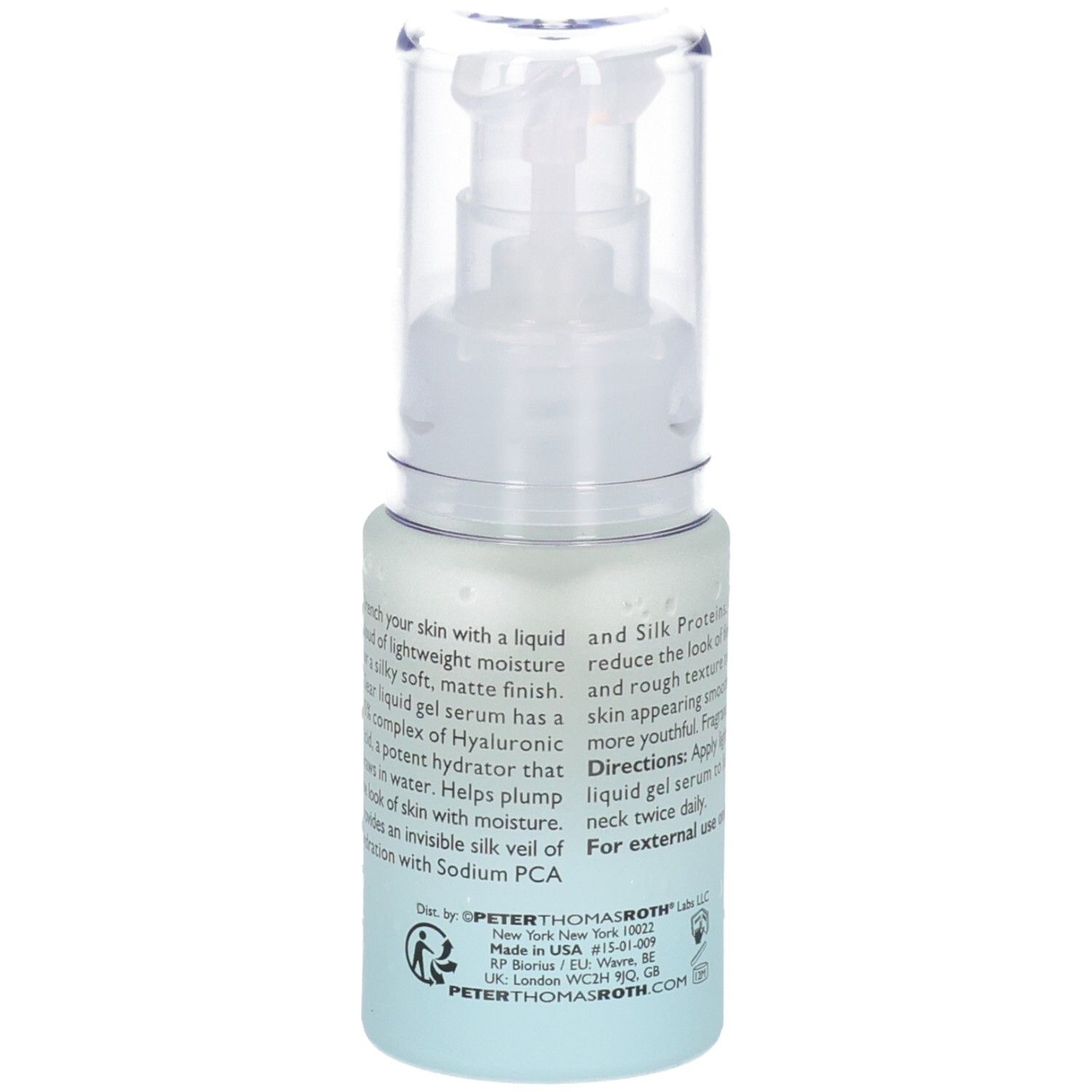 Vue latérale du flacon de sérum Peter Thomas Roth Water Drench avec informations détaillées sur le produit et sceaux.