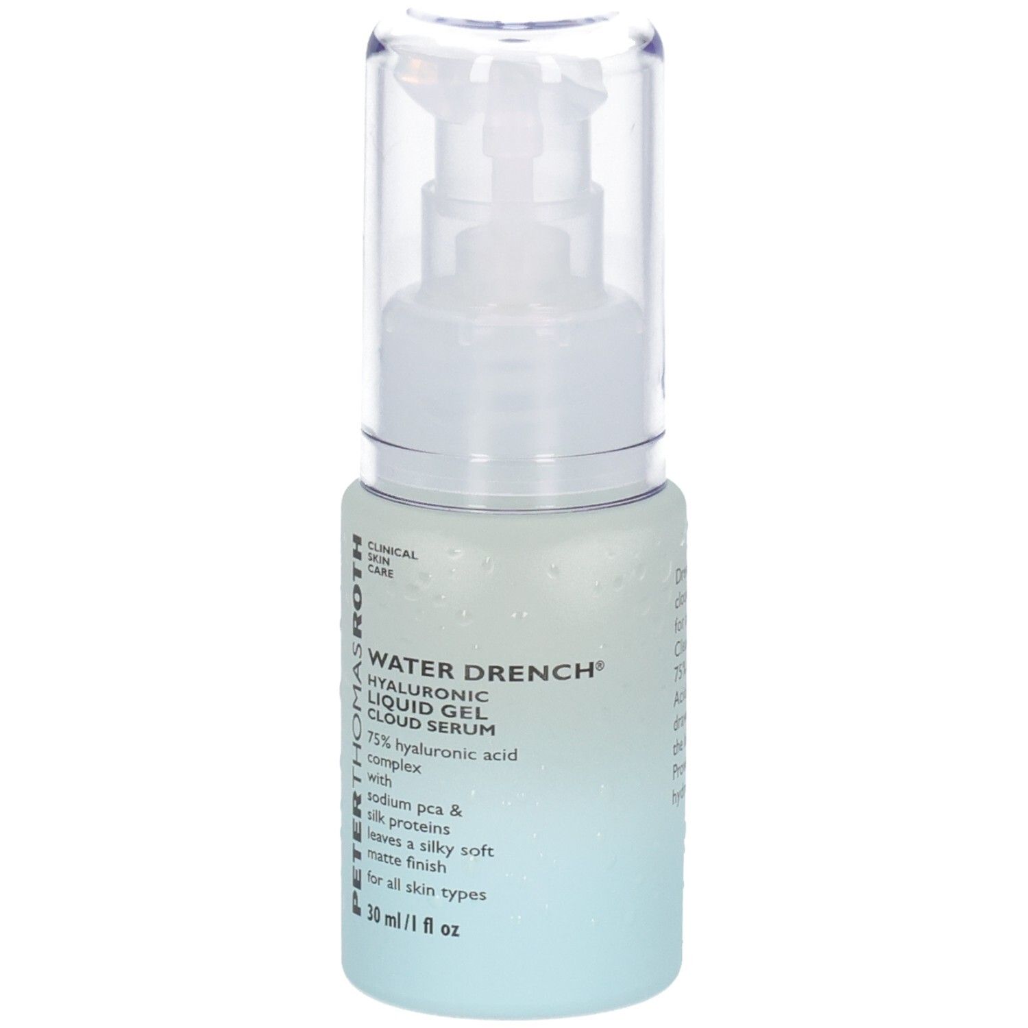 Sérum Peter Thomas Roth Water Drench dans un flacon pompe, vue de face. Flacon bleu clair avec étiquette blanche.