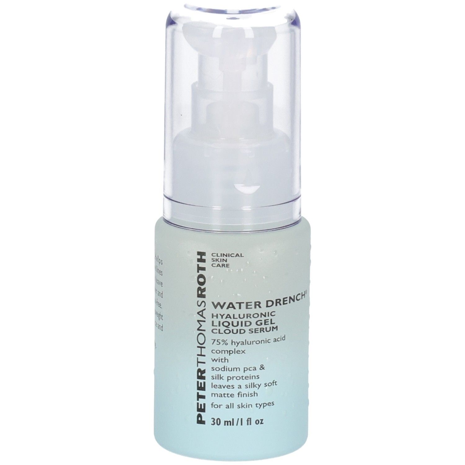 Flacon de sérum Peter Thomas Roth Water Drench avec étiquette indiquant '75% Hyaluronic Acid Complex'.
