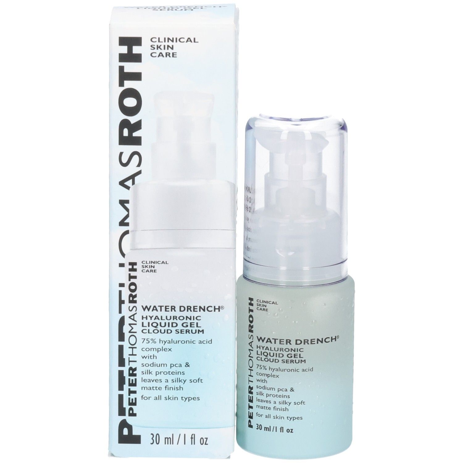 Sérum Peter Thomas Roth Water Drench et sa boîte d'emballage côte à côte. Les deux montrent le logo et les détails du produit.