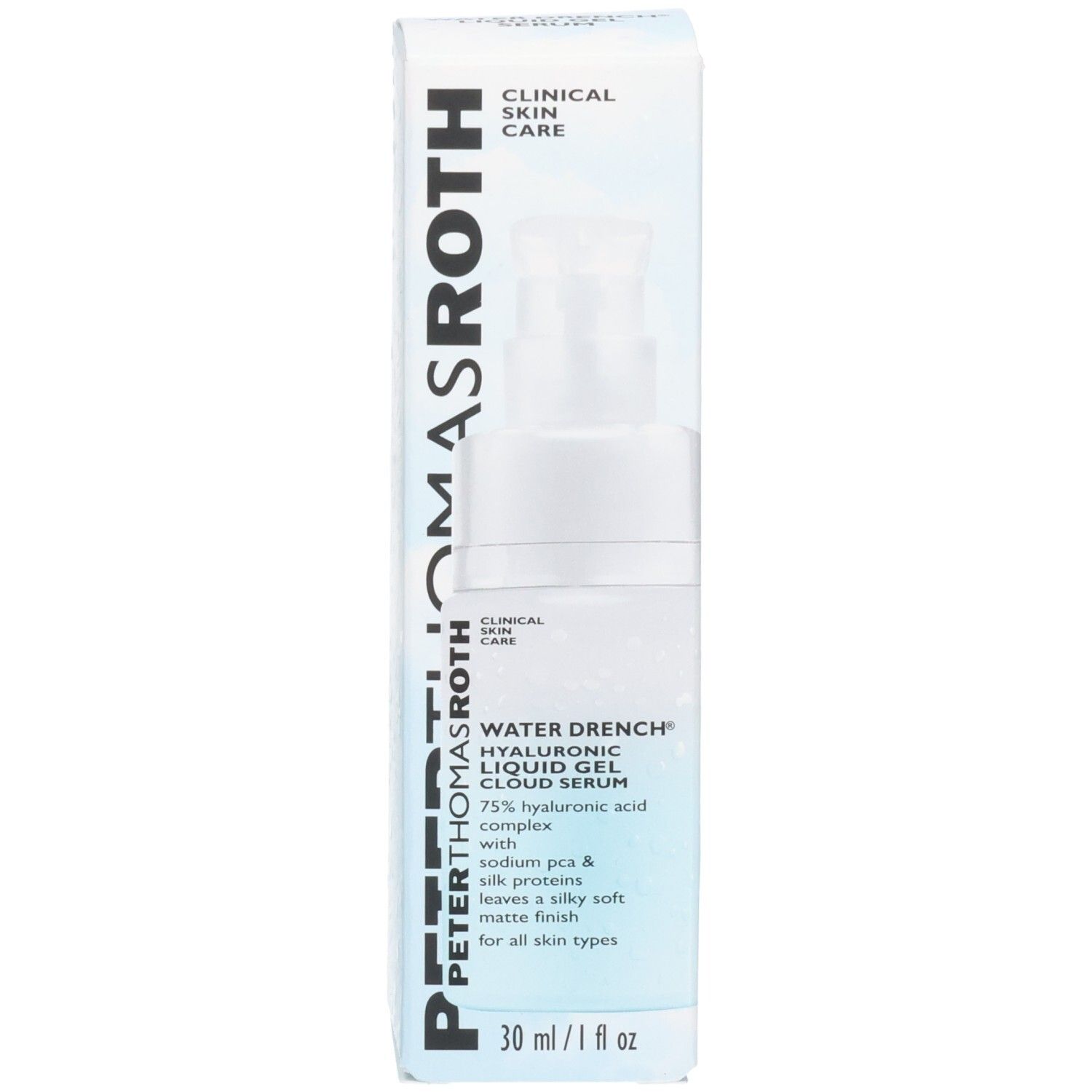 Boîte d'emballage pour le sérum Peter Thomas Roth Water Drench. Affiche le logo de la marque, le nom du produit et les ingrédients clés.