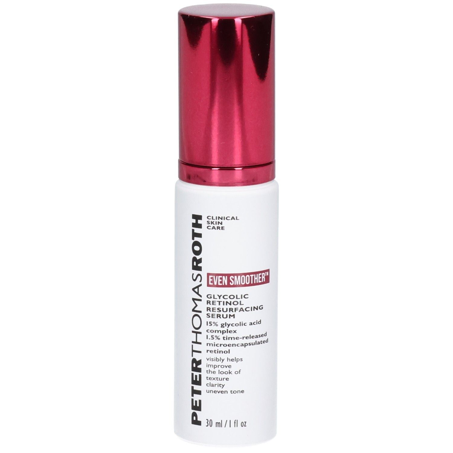 Peter Thomas Roth Even Smoother Glycolic Retinol Serum fles met rode pompdispenser.