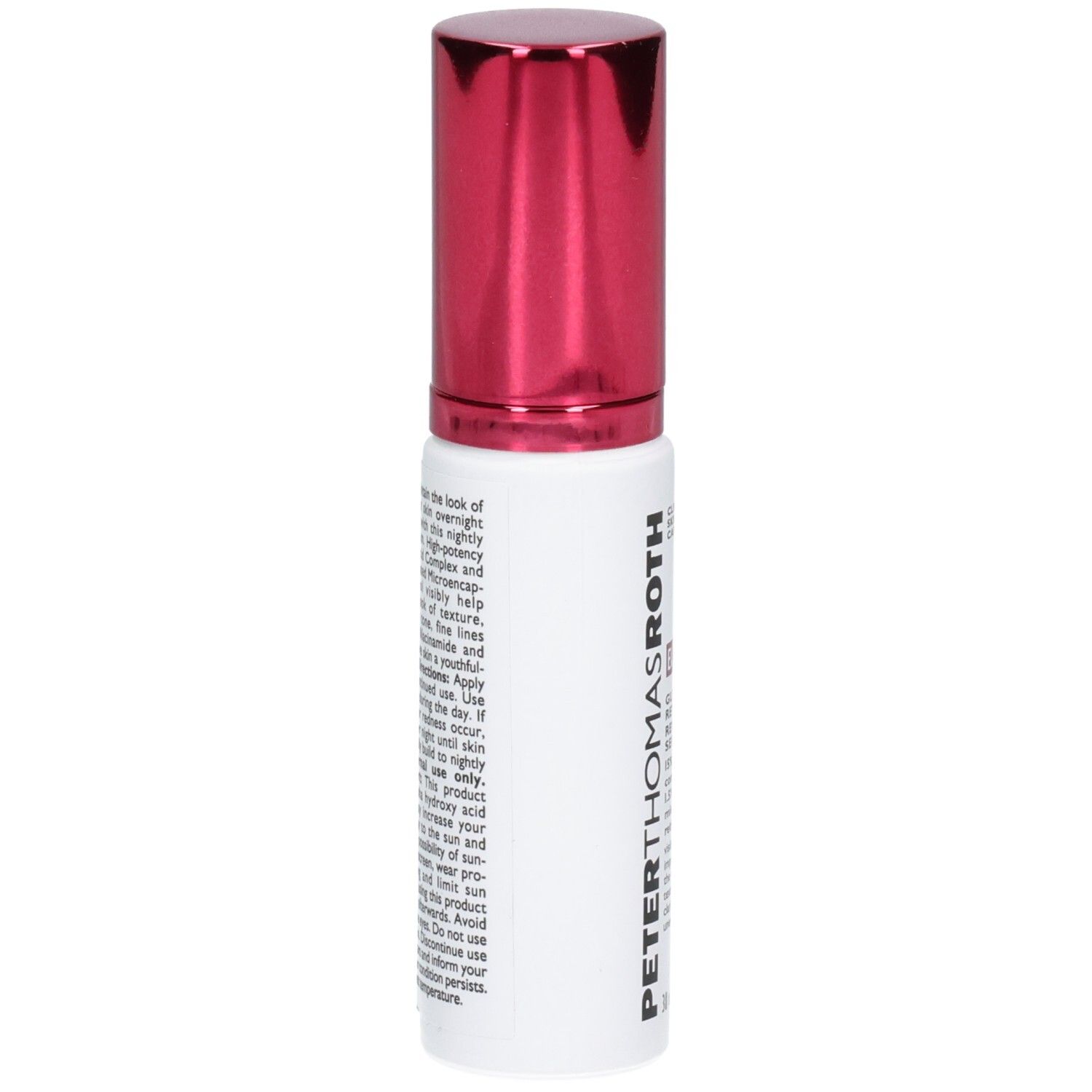 Achterkant van de Peter Thomas Roth Even Smoother Glycolic Retinol Serum fles met instructies.