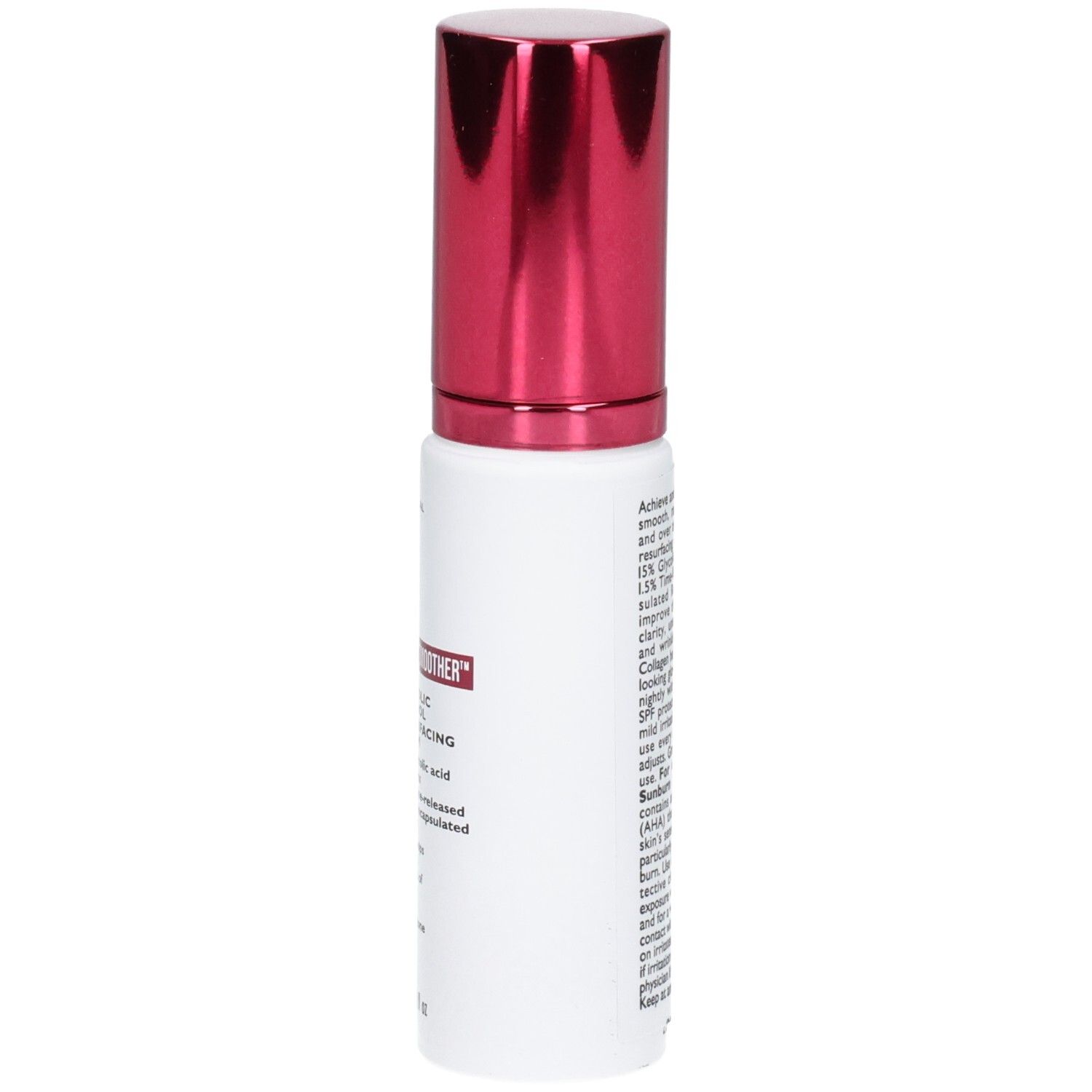 Zijaanzicht van de Peter Thomas Roth Even Smoother Glycolic Retinol Serum fles met rode pompdispenser.