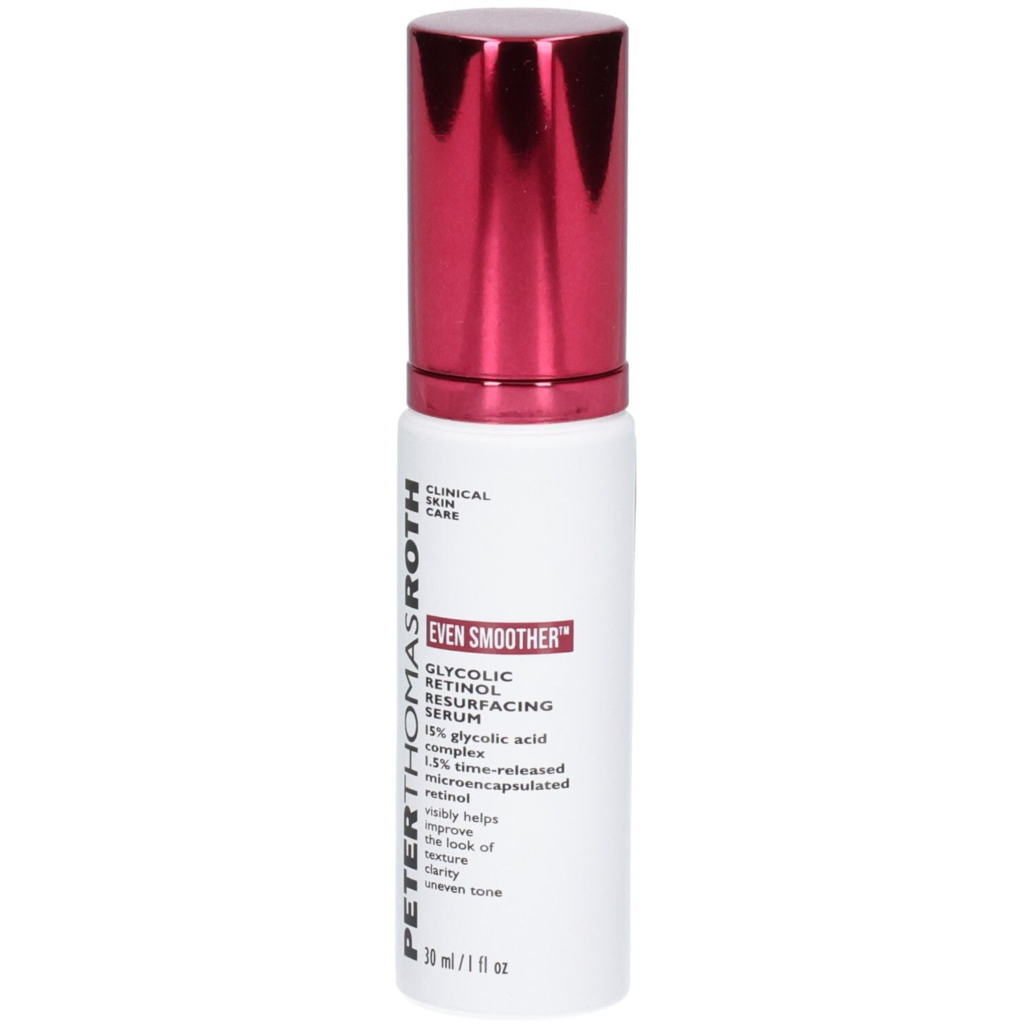 Peter Thomas Roth Even Smoother Glycolic Retinol Serum fles met rode pompdispenser, vooraanzicht.