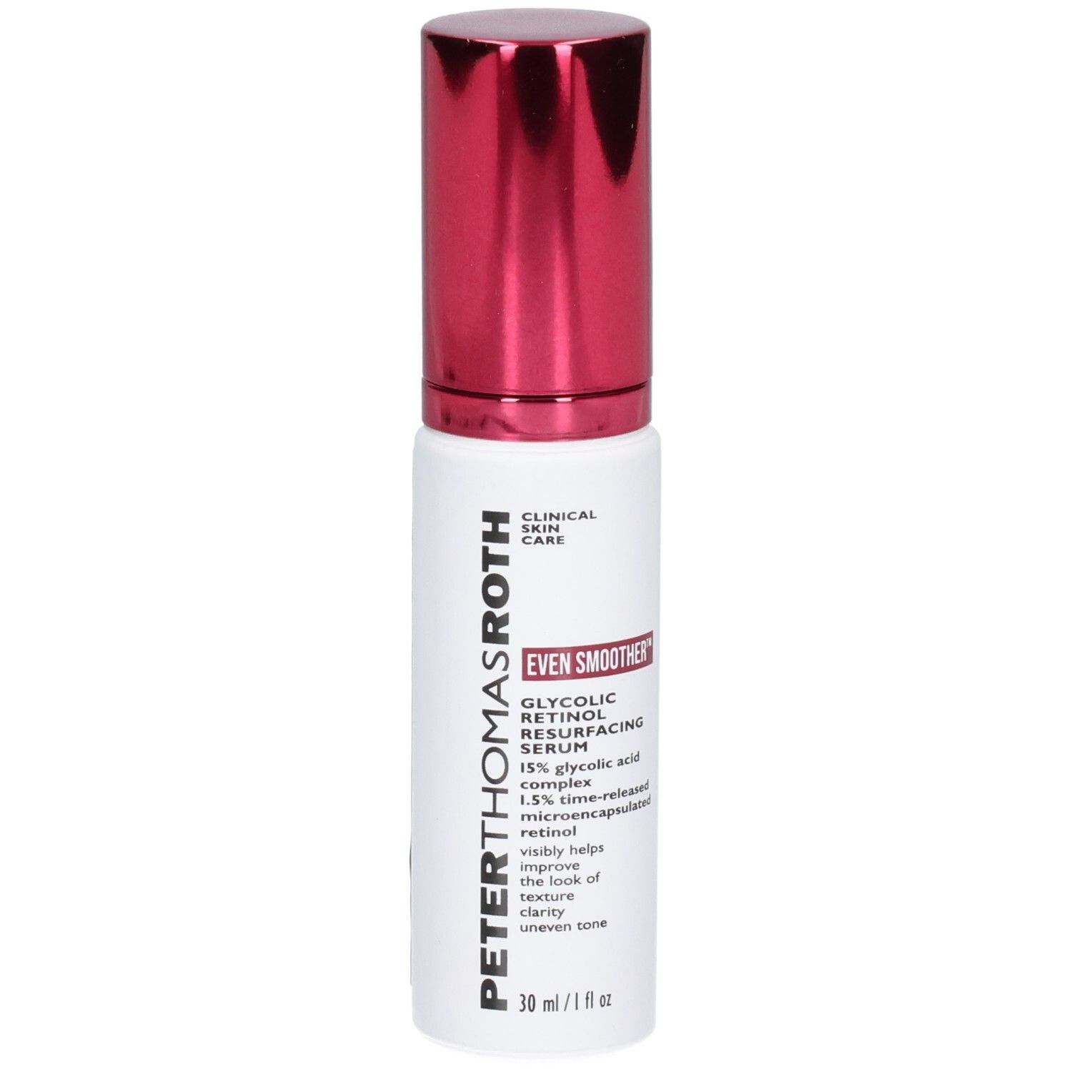 Peter Thomas Roth Even Smoother Glycolic Retinol Serum fles met rode pompdispenser, licht schuin.