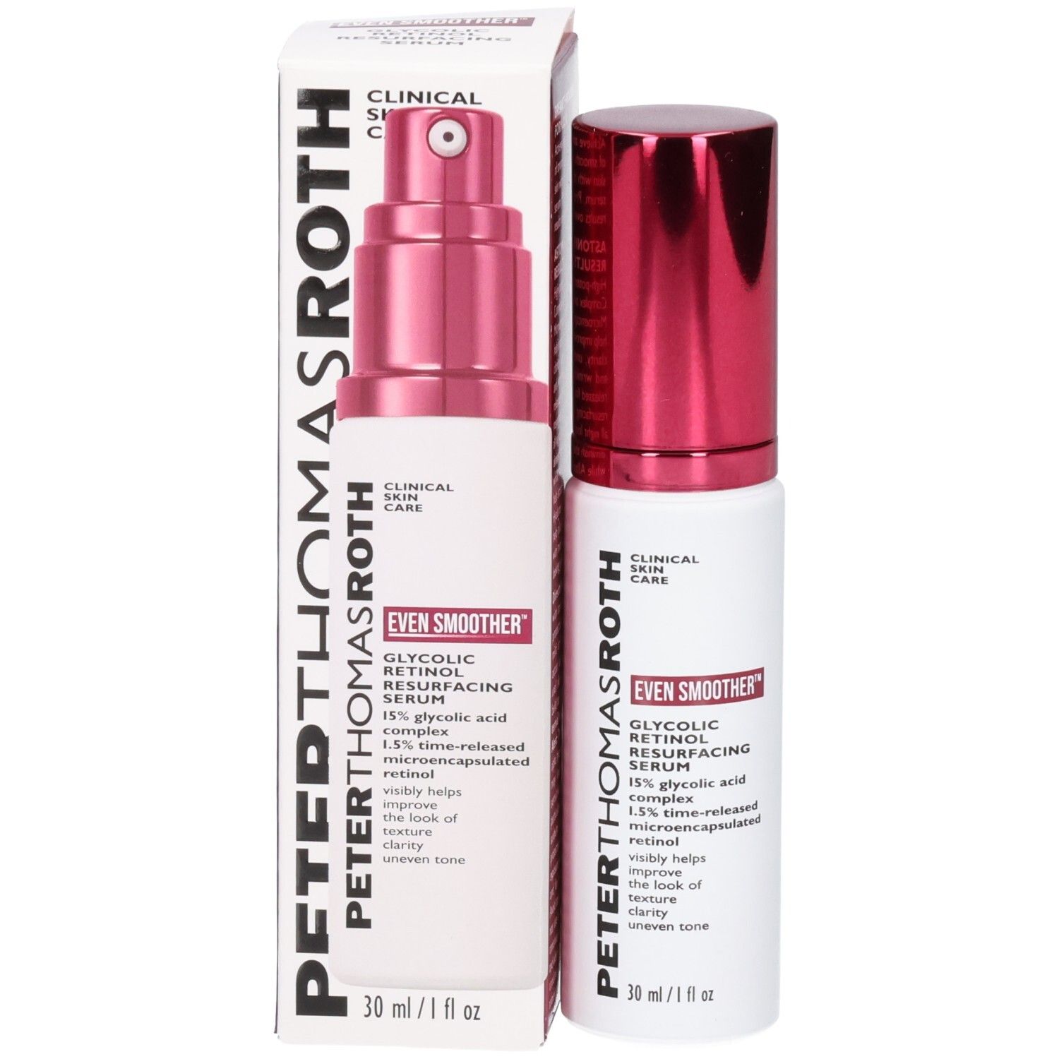 Peter Thomas Roth Even Smoother Glycolic Retinol Serum fles en kartonnen verpakking.