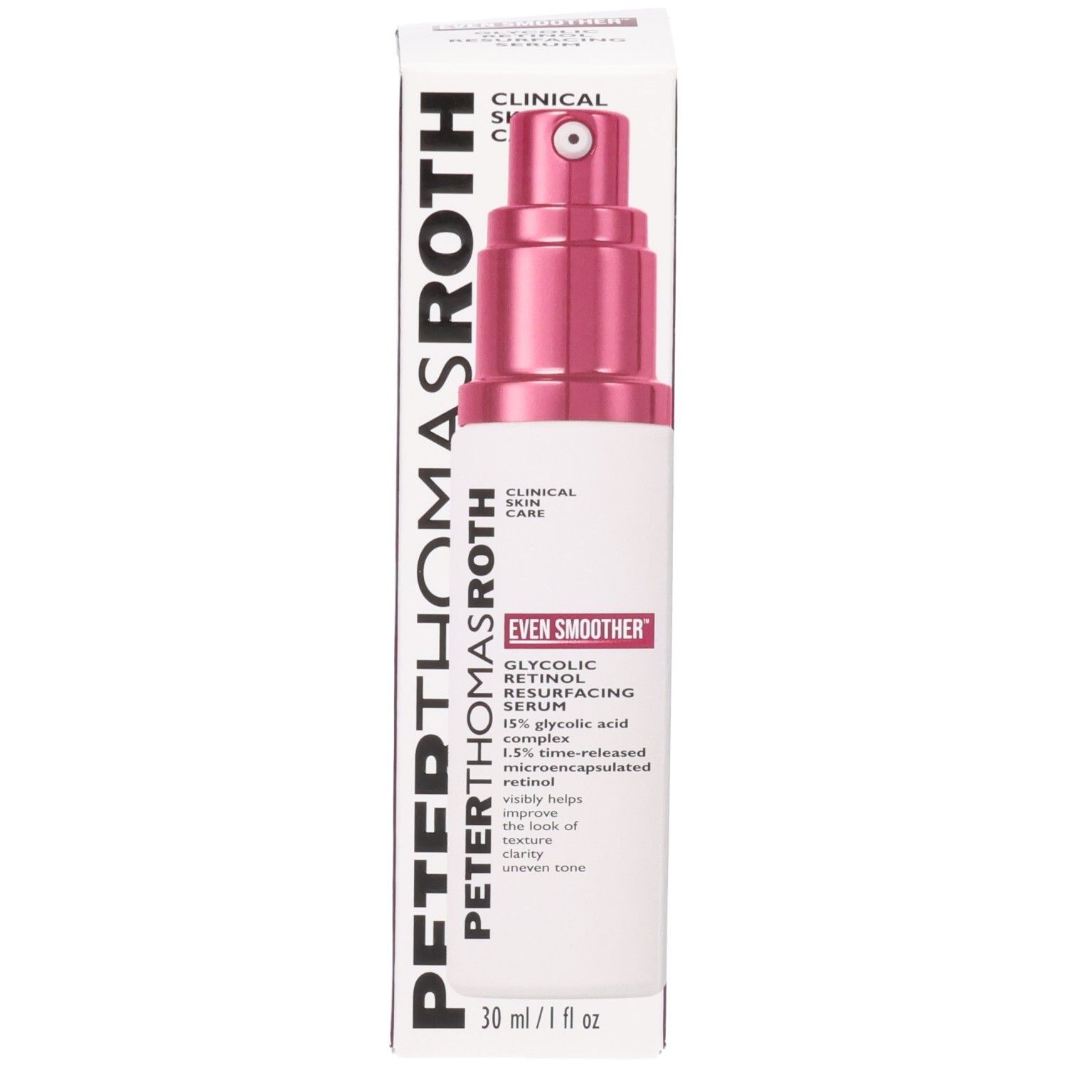 Peter Thomas Roth Even Smoother Glycolic Retinol Serum fles naast de kartonnen verpakking.