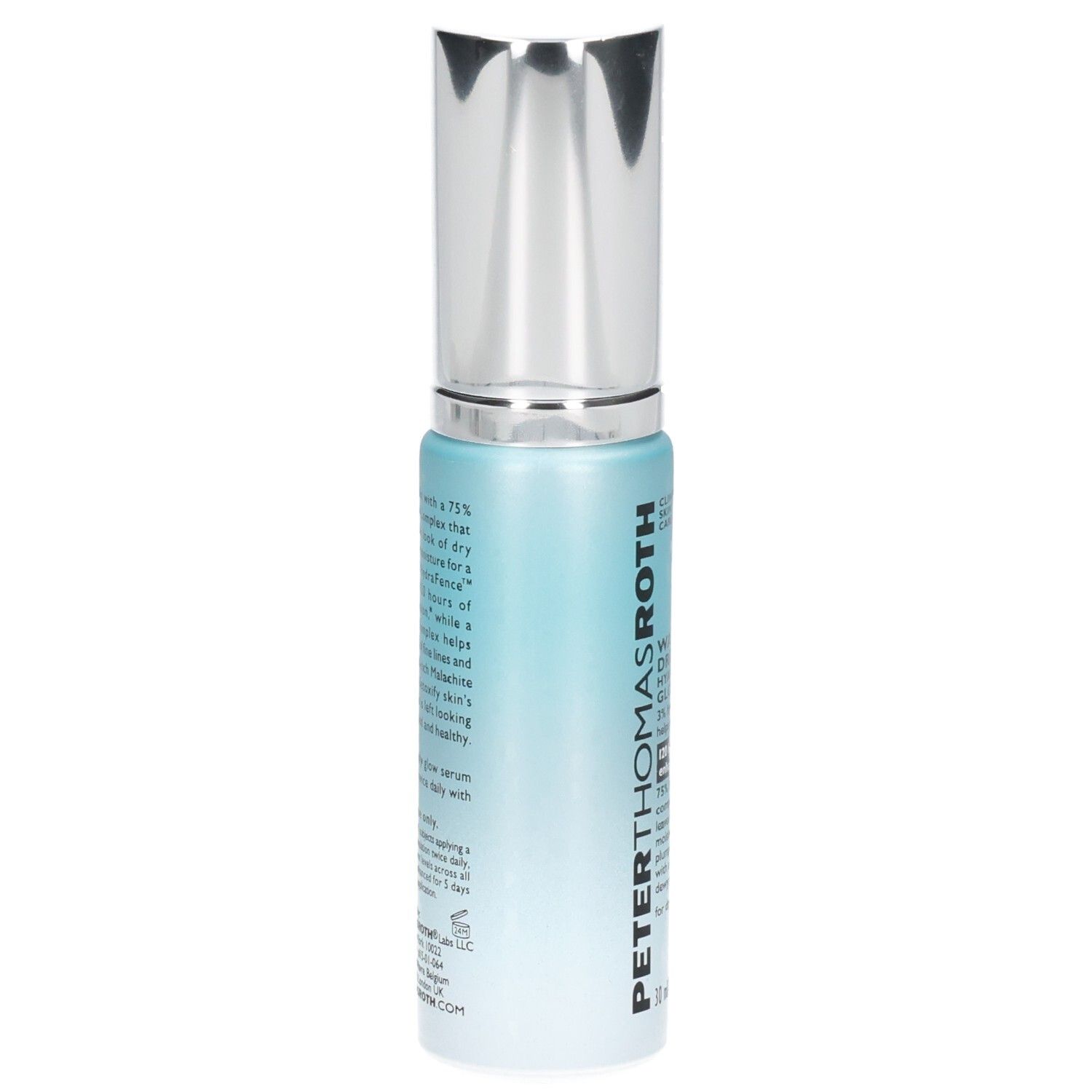 Sérum Peter Thomas Roth Water Drench Hyaluronic Glow, arrière du flacon avec informations produit.
