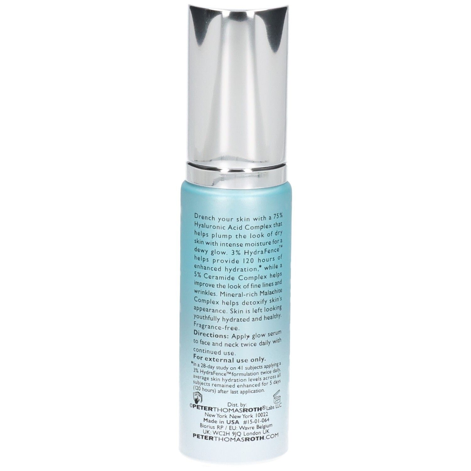 Sérum Peter Thomas Roth Water Drench Hyaluronic Glow, arrière du flacon avec instructions d'utilisation.