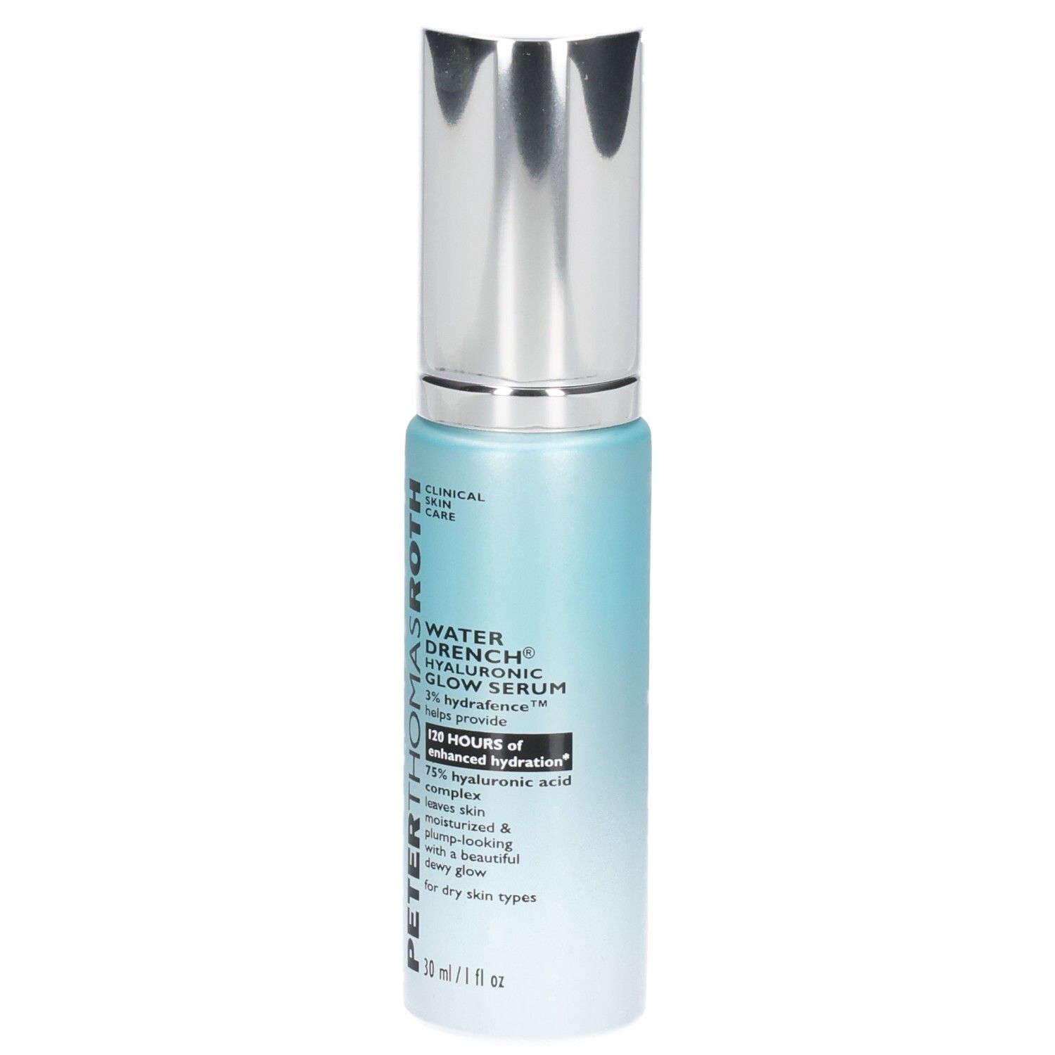 Sérum Peter Thomas Roth Water Drench Hyaluronic Glow en flacon pompe, vue de face.