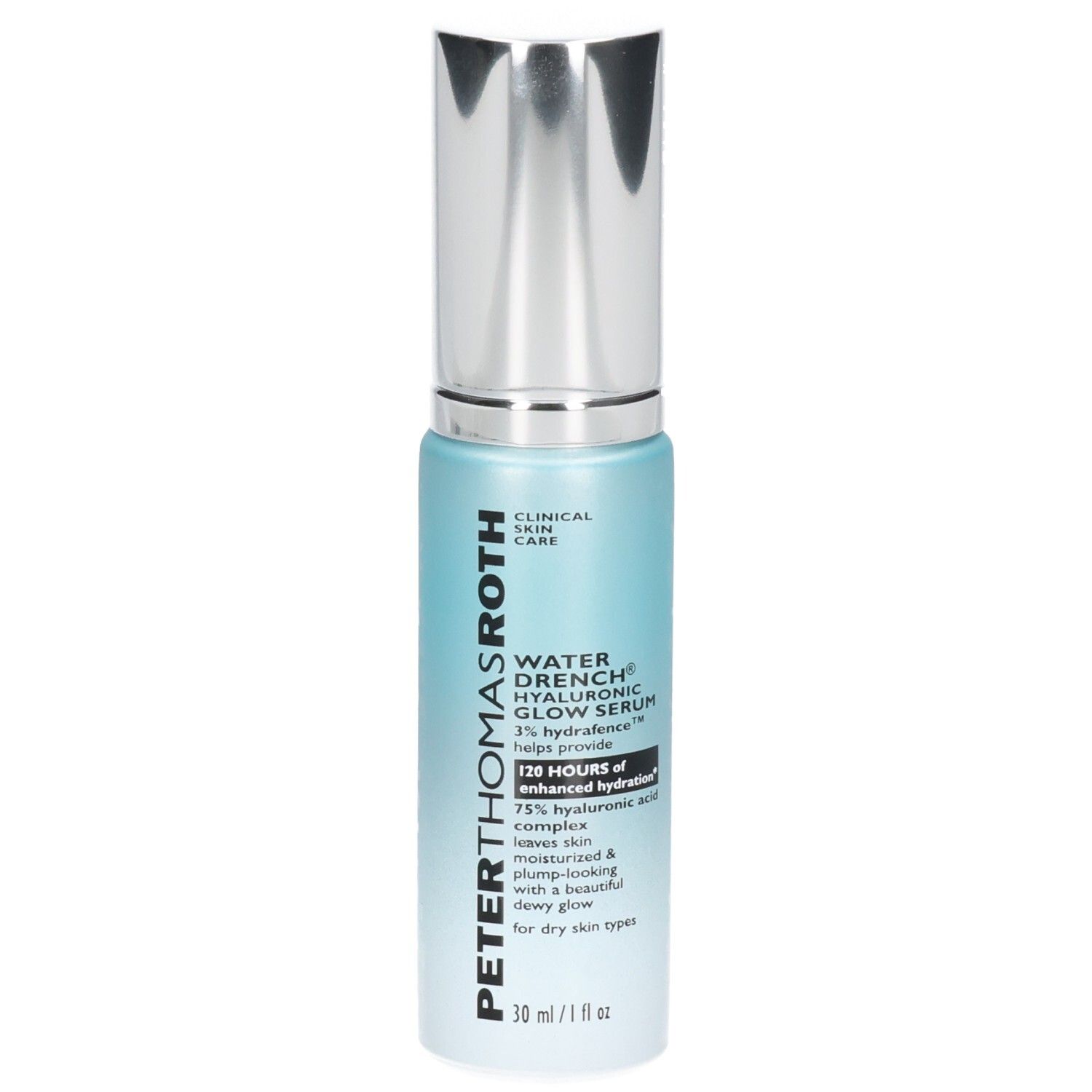 Sérum Peter Thomas Roth Water Drench Hyaluronic Glow en flacon pompe, vue de face.