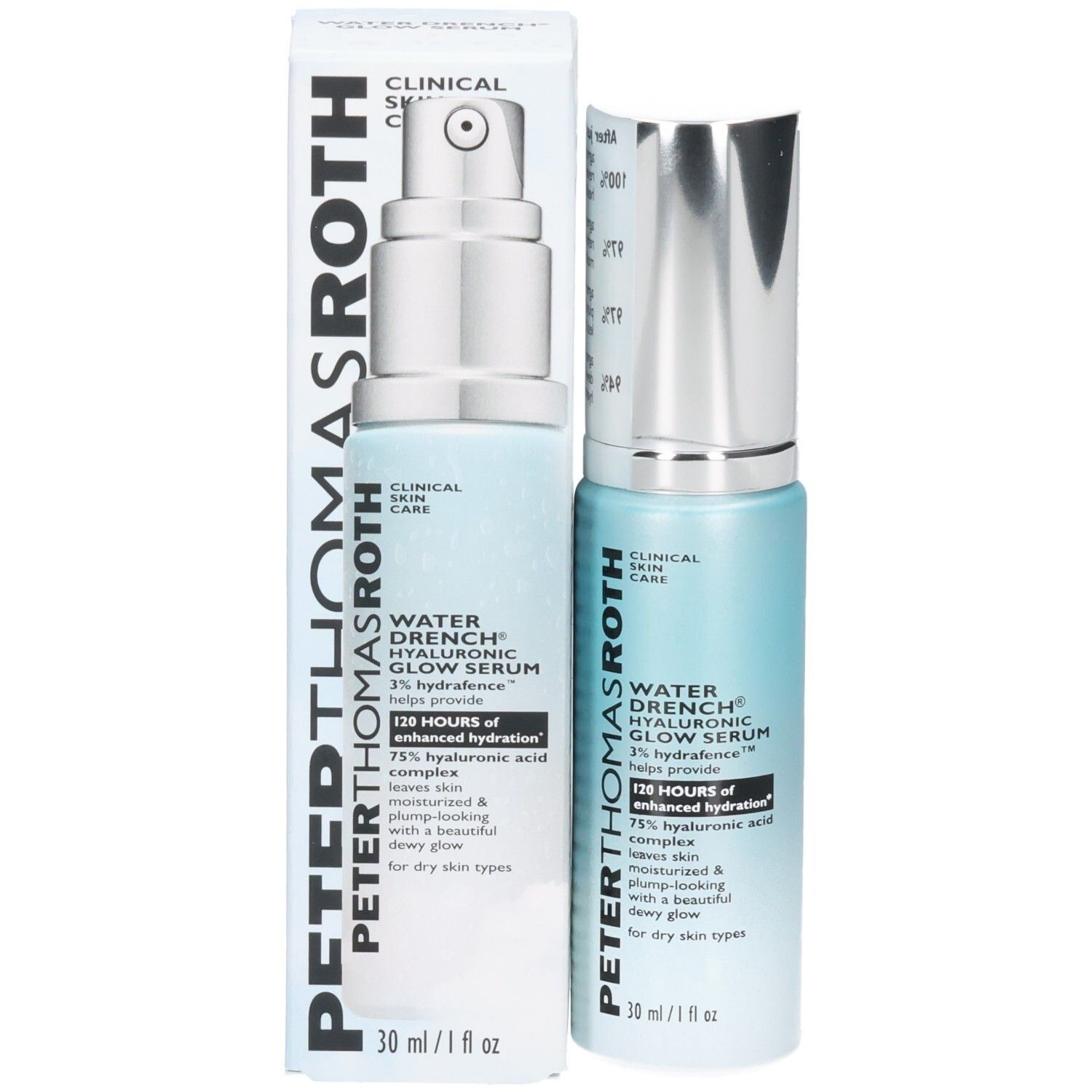 Sérum Peter Thomas Roth Water Drench Hyaluronic Glow avec emballage, vue de face.