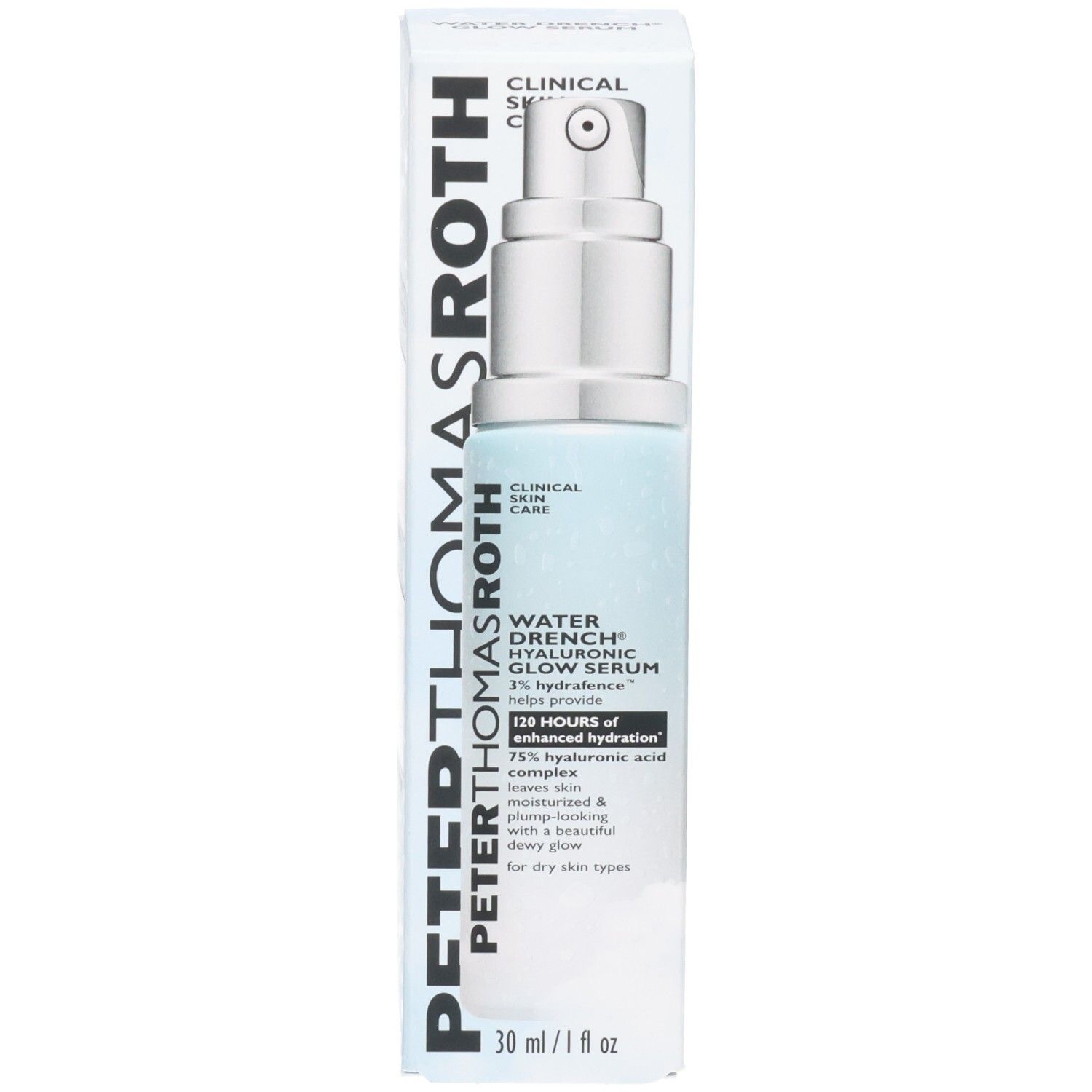 Sérum Peter Thomas Roth Water Drench Hyaluronic Glow avec emballage, vue de face.