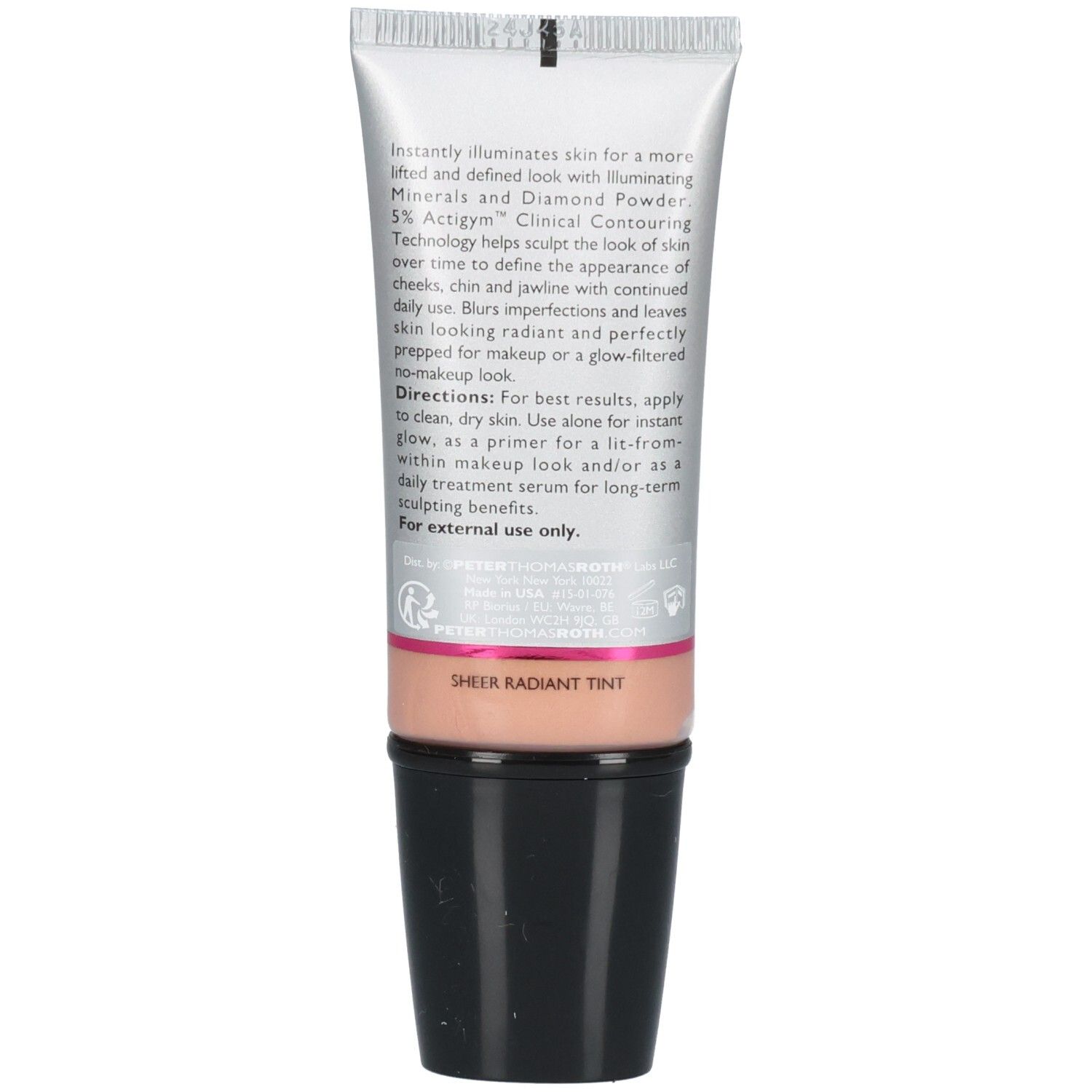 Achterkant van de Peter Thomas Roth Instant Firmx Glow-Filter Priming Serum tube met instructies.
