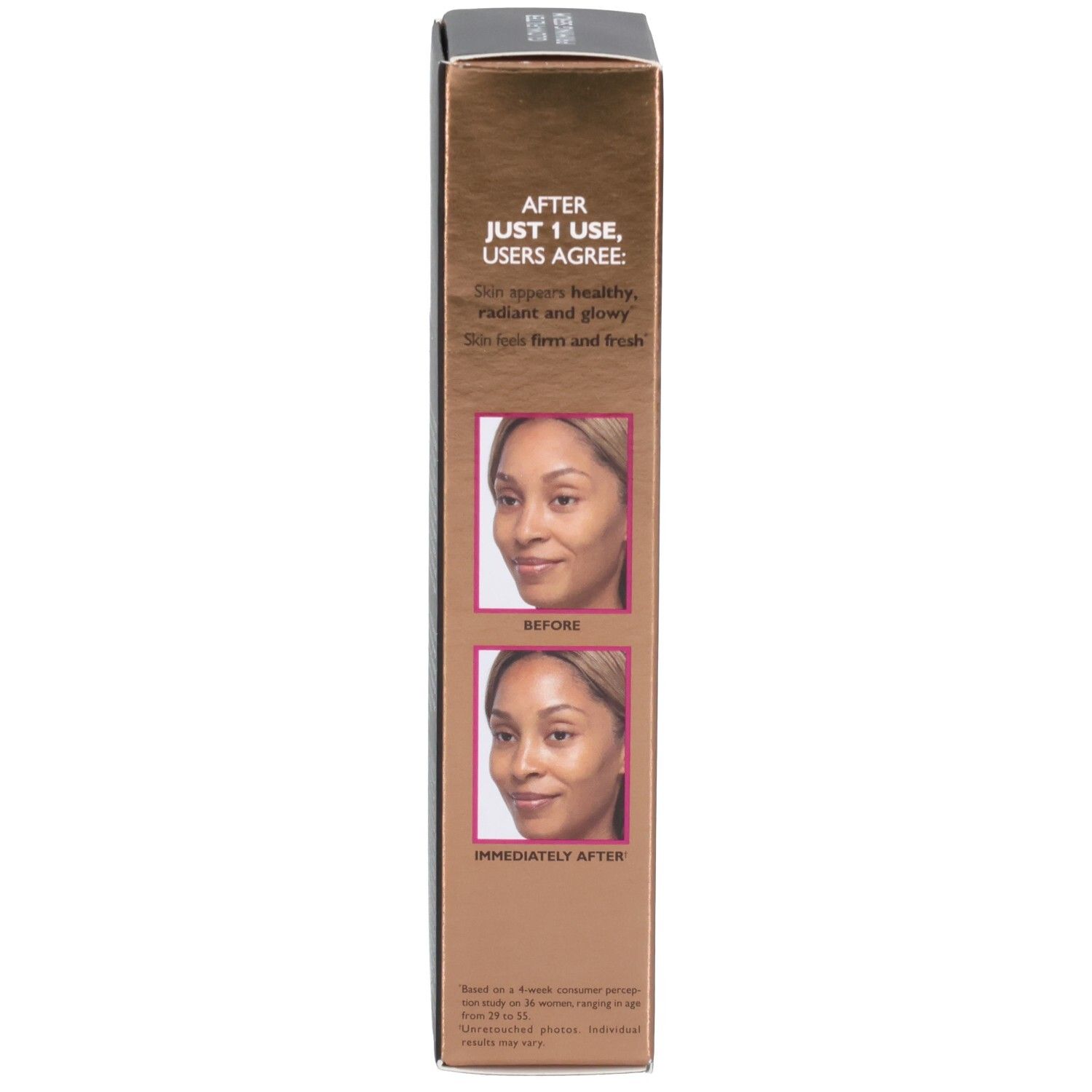 Zijde van de Peter Thomas Roth Instant Firmx Glow-Filter Priming Serum kartonnen doos met voor-en-na foto's.